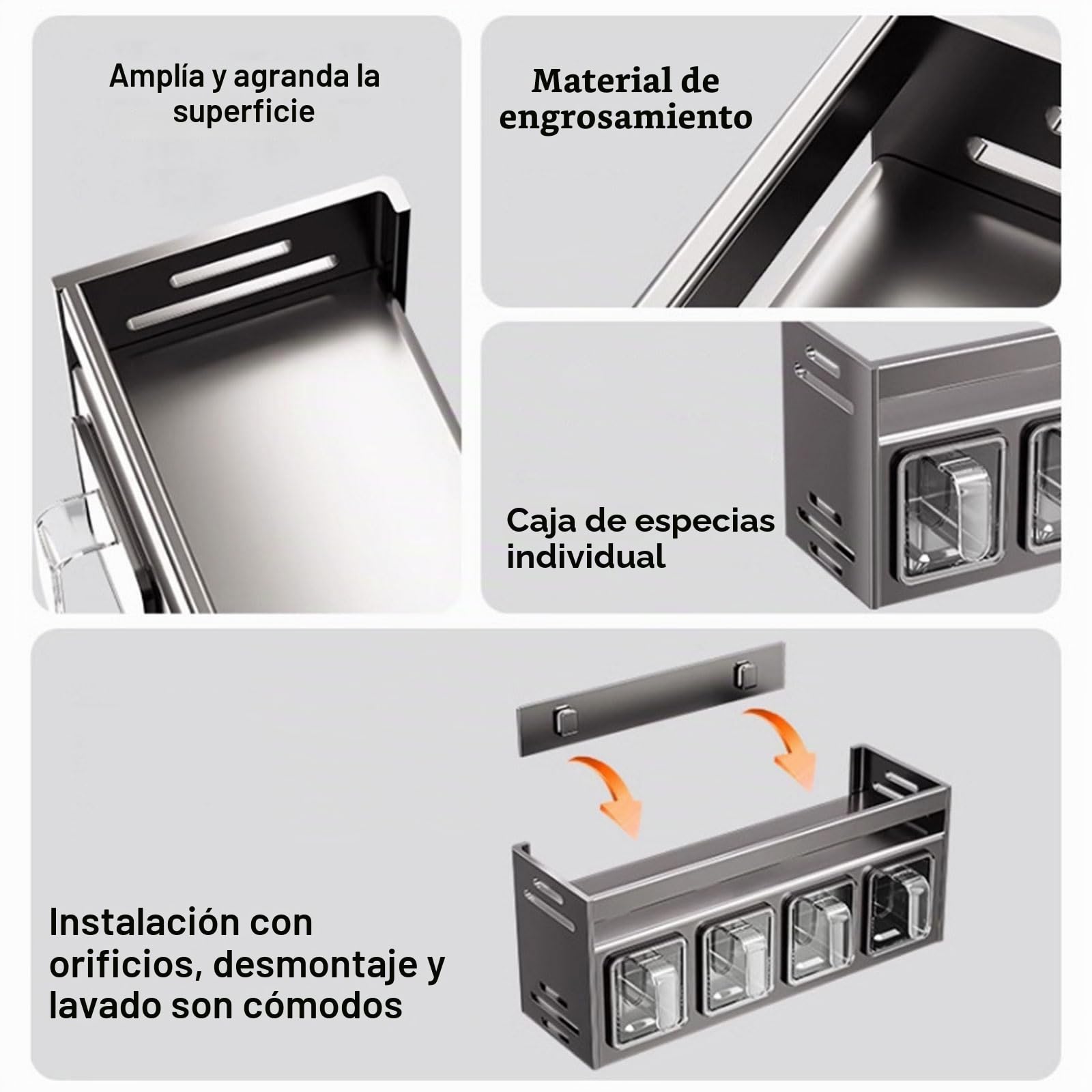 Estantería para especias con botes de especias, de pie y pared, tarros de especias con estante, soporte para especias/especias, organizador de especias para cocina, encimera, armario (con 5