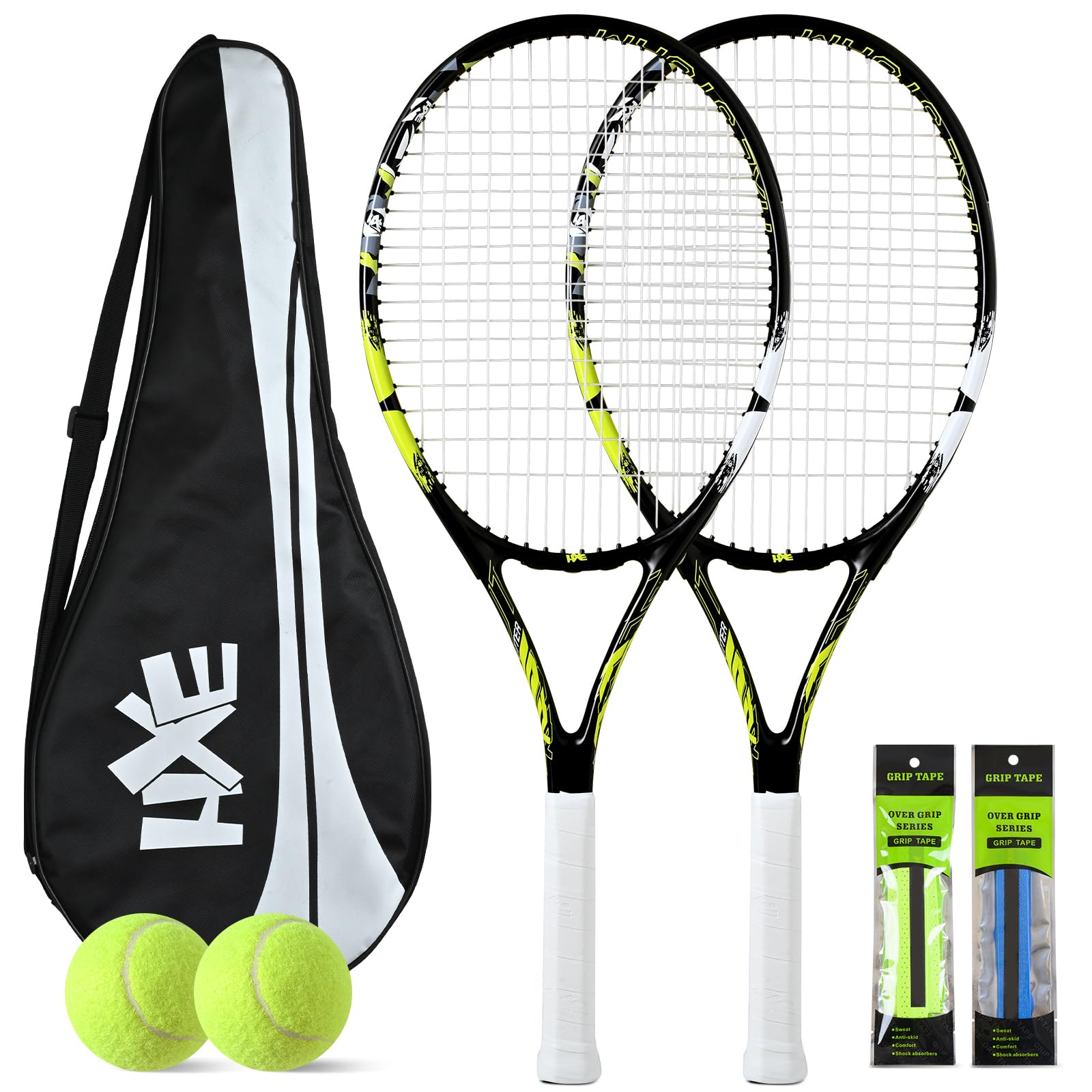 Tennis Rackets for Adults, 2 Player Pre-Strung 27 inch Recreational Tennis Racquet Set for Beginner and Professional with 2 Balls, 2 Overgrips and 1 Carrying Bag