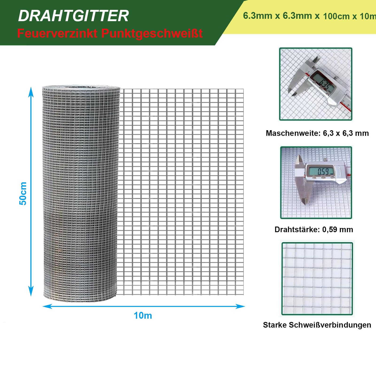 AQUAGART - 75m X 0,5m Rete Per Voliera, Griglia Metallica, Rete Saldata Rete Metallica Zincata A Caldo 4251682599764