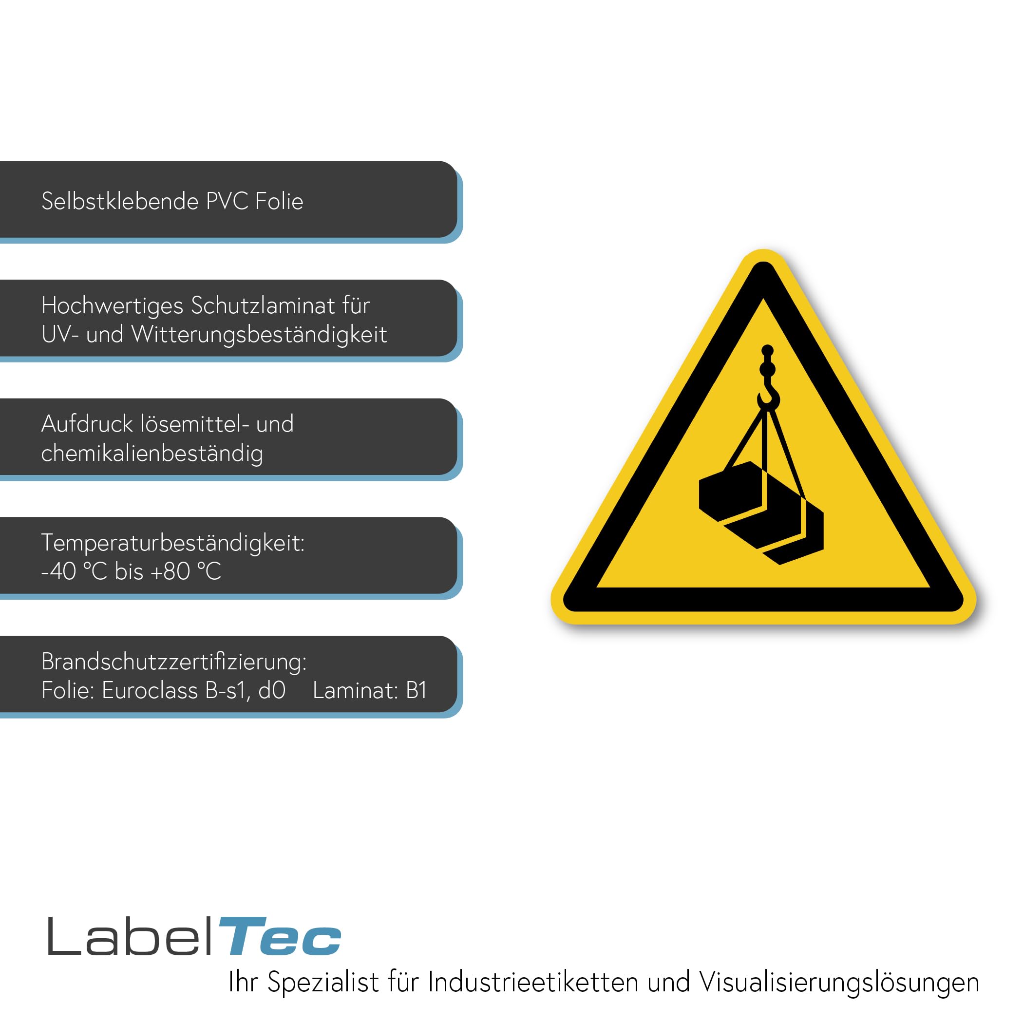 Señal de advertencia de carga flotante, símbolo de advertencia según DIN EN ISO 7010 ASR A1.3 W015 – Adhesivo de advertencia para sistemas de grúas, equipos de elevación industrial, adhesivo