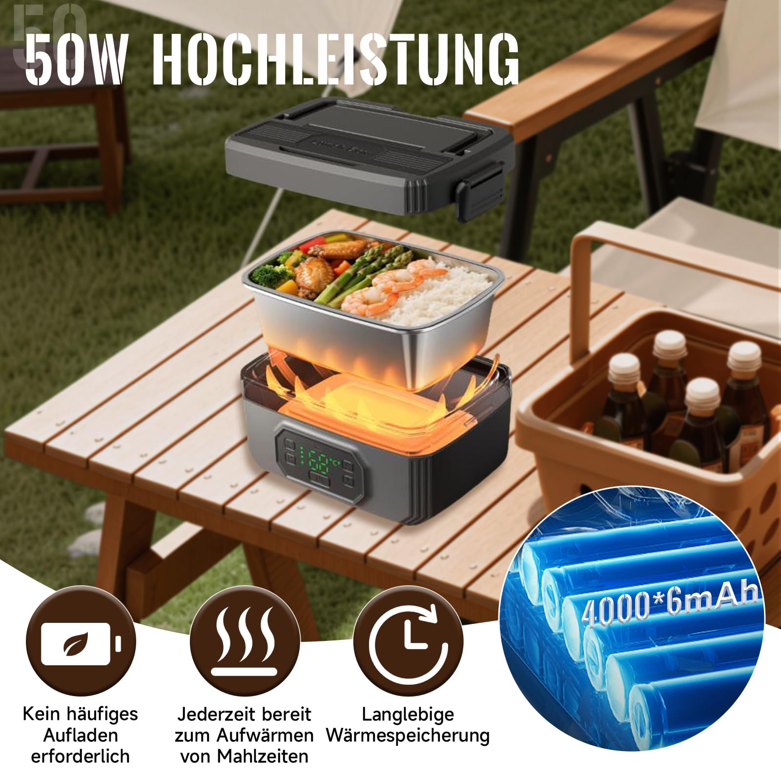 Elektrische Lunchbox 1,6 L 24000 mAh, herausnehmbar 304 Edelstahl-Behälter & Fächer, doppelter Auslaufschutz, Brotdose mit Zeitplanung & Terminfunktion, Typ-C Schnellladung, Isoliertasche Gabel Löffel