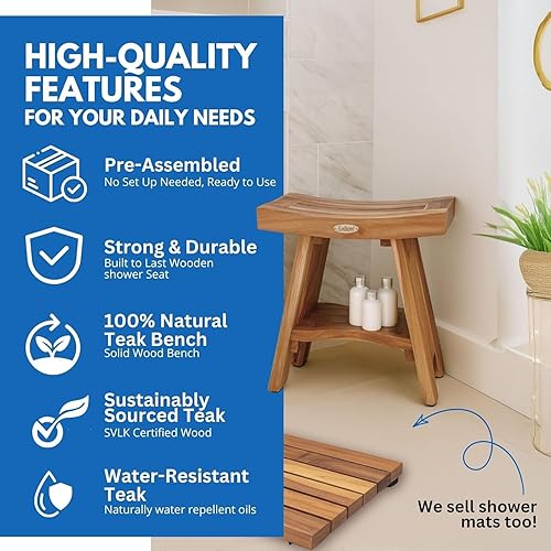 Miniatura 3 de EcoDecors Banco de ducha de teca de 18 pulgadas, capacidad de 300 libras, asiento de baño de madera impermeable con estante, asiento de spa para