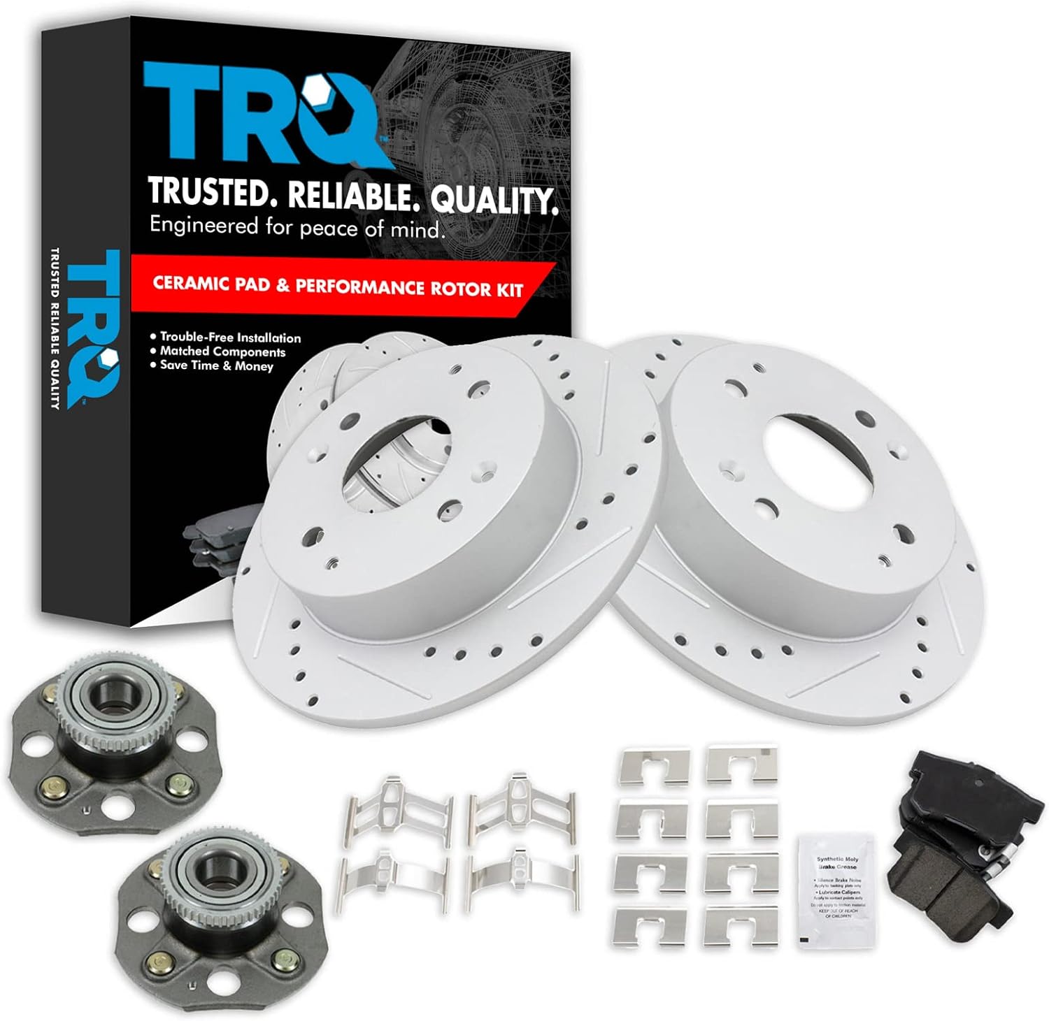 TRQ Rear Performance Brake Pad & Rotor Kit Brake Pads Brake Rotors Set Wheel Hub Bearing Assembly Ceramic Premium G-Coated Compatible with 1998-2002 Honda Accord