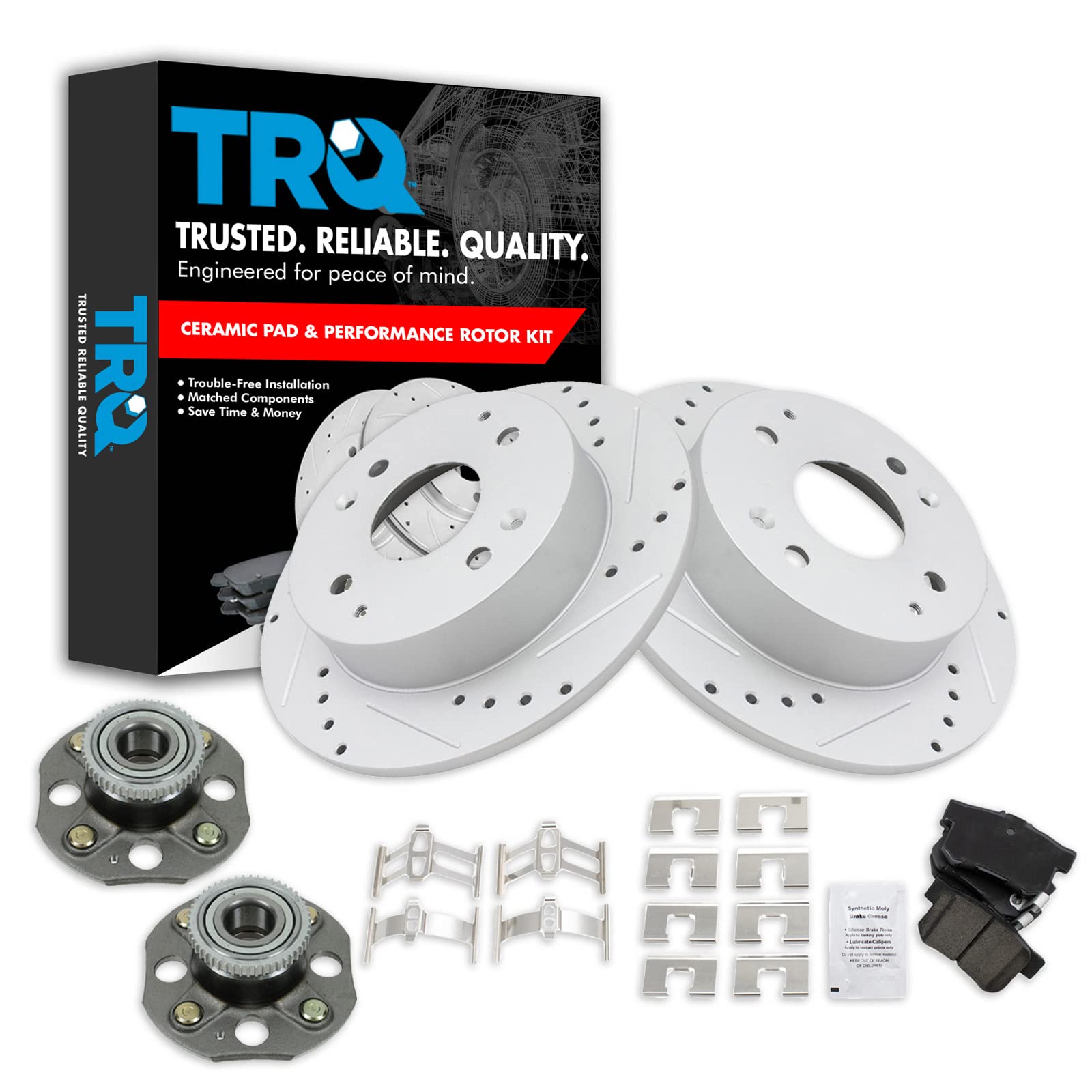 TRQ Performance Rear Brake Pad and Rotor Set Ceramic Coated Drilled Slotted Wear Sensor Compatible with 1998-2002 Honda Accord