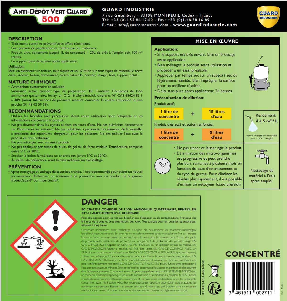 GUARD INDUSTRIE - Anti Dépôt Vert Guard 500 - Fongicide Invisible, Ultra Concentré, Anti Champignon, Lichen, Algue - Tous Matériaux - Fabrication Française - Bidon - 5 L - Traite 500 m2