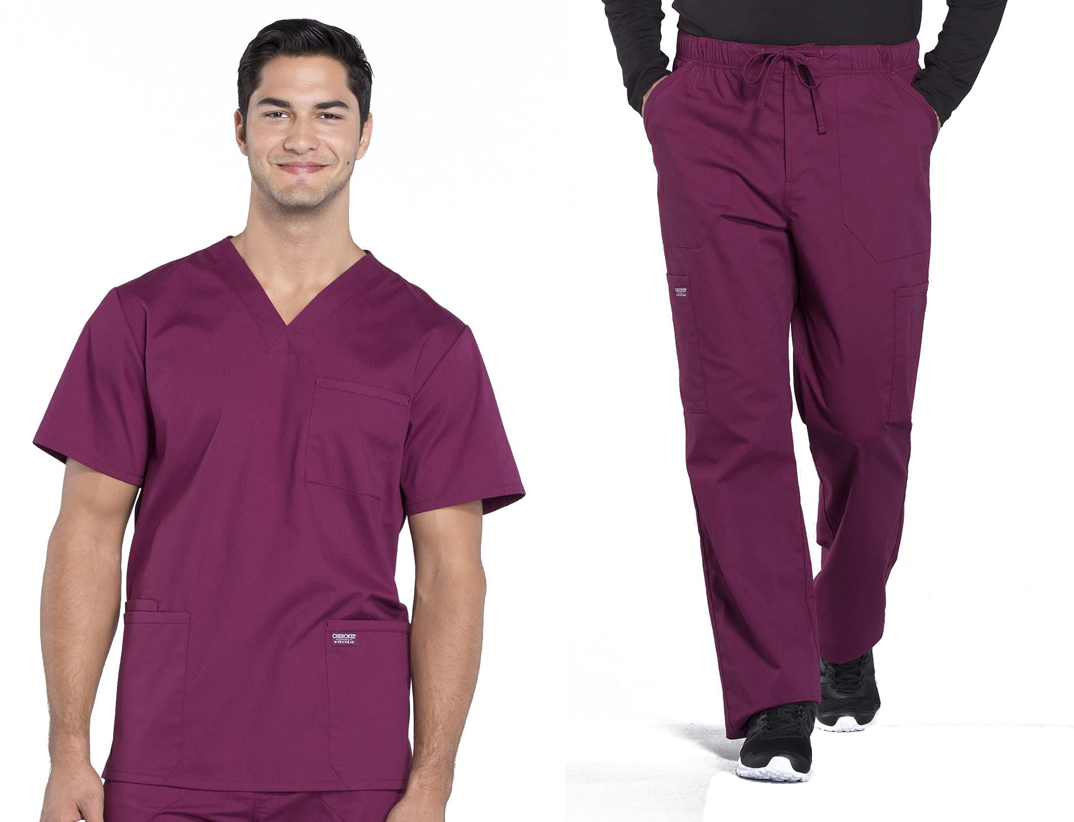 CherokeeCherokee Scrub Set for Men from, 4 Pocket V-Neck Scrub Top WW695 with 5 Pocket Tapered Leg Fly Front Cargo Pant WW190, Wine- S Top/S Pant