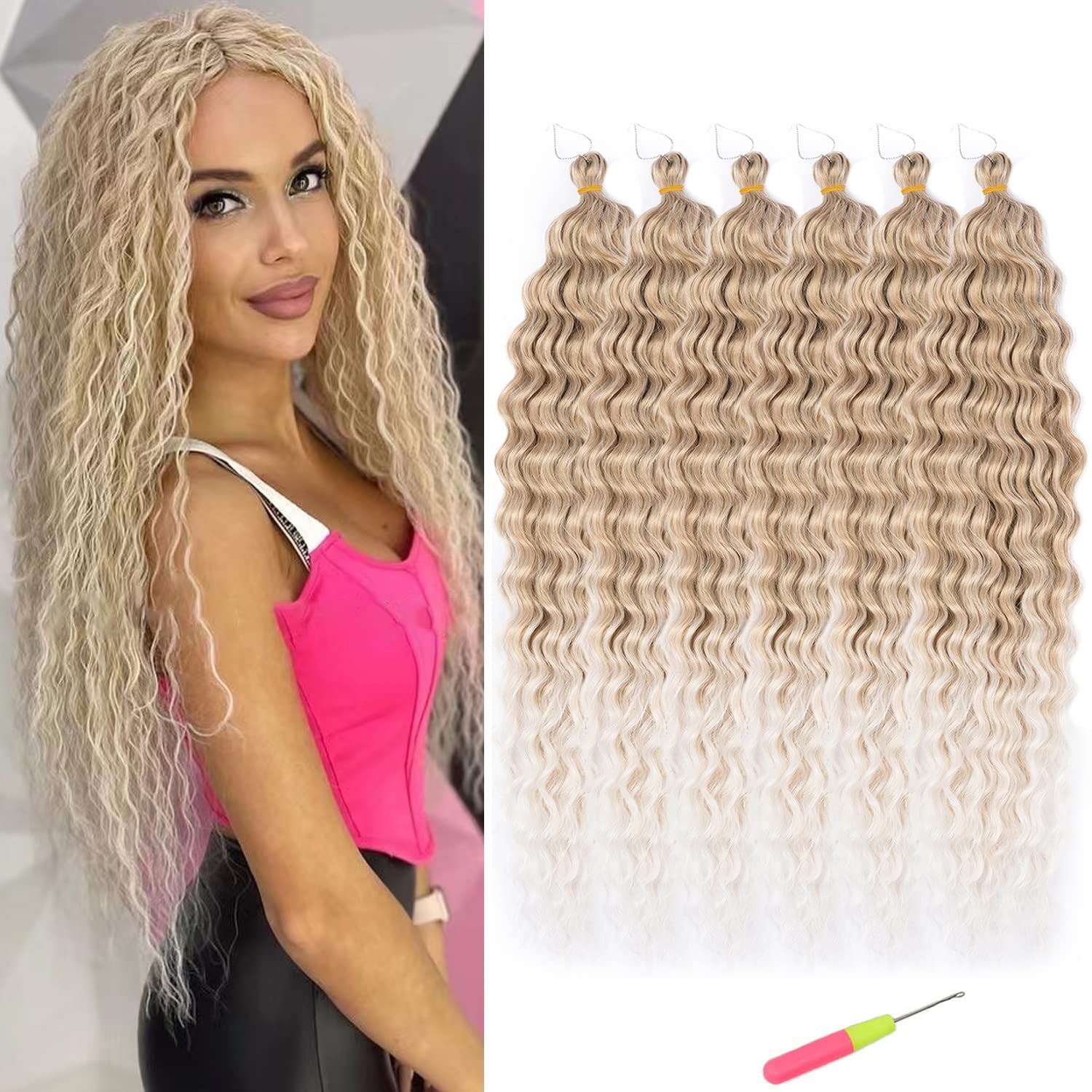Ocean Wave Crochet Hair Blonde 30nch Curly Braiding Hair Wavy Synthetic Ombre Crochet Hair 6Packs #18/56c Blond mix Platinum