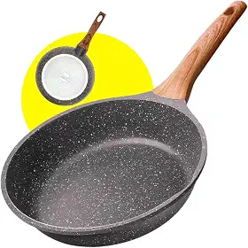 Frigideira antiaderente 28CM Grande em Alumínio Revestida em Cerâmica e Cabo De Madeira Fundo de Indução Fogão a Gás Elétrico e Indução (28 CM)
