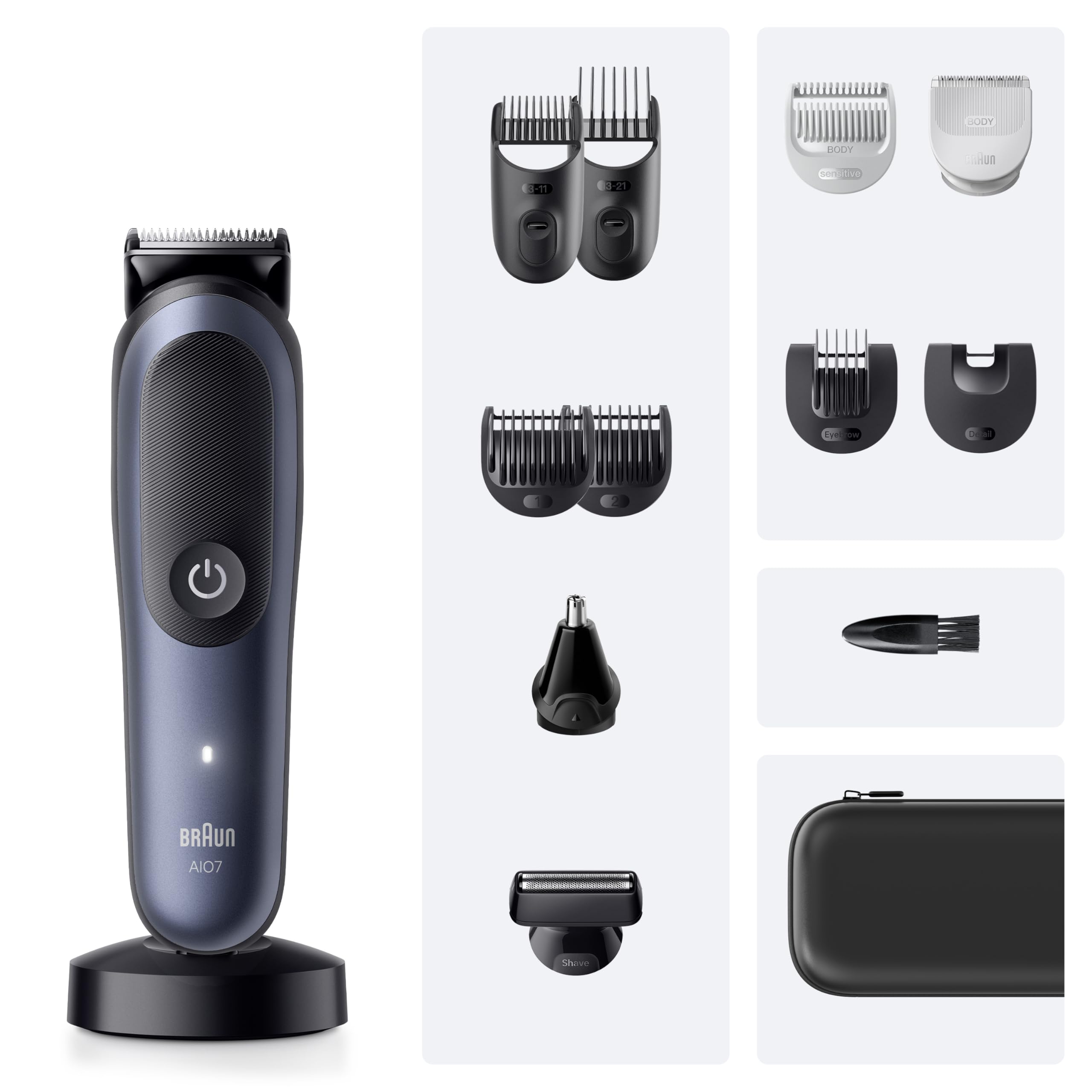 Braun Recortadora Todo en Uno Series 7 AIO7565, Azul - Kit de Styling 13en1 para Barba, Pelo, Orejas, Nariz Y Cuerpo, 14 Longitudes, 120 Min de Autonomía, Cortapelos Hombre con Lámina Ultra Afilada