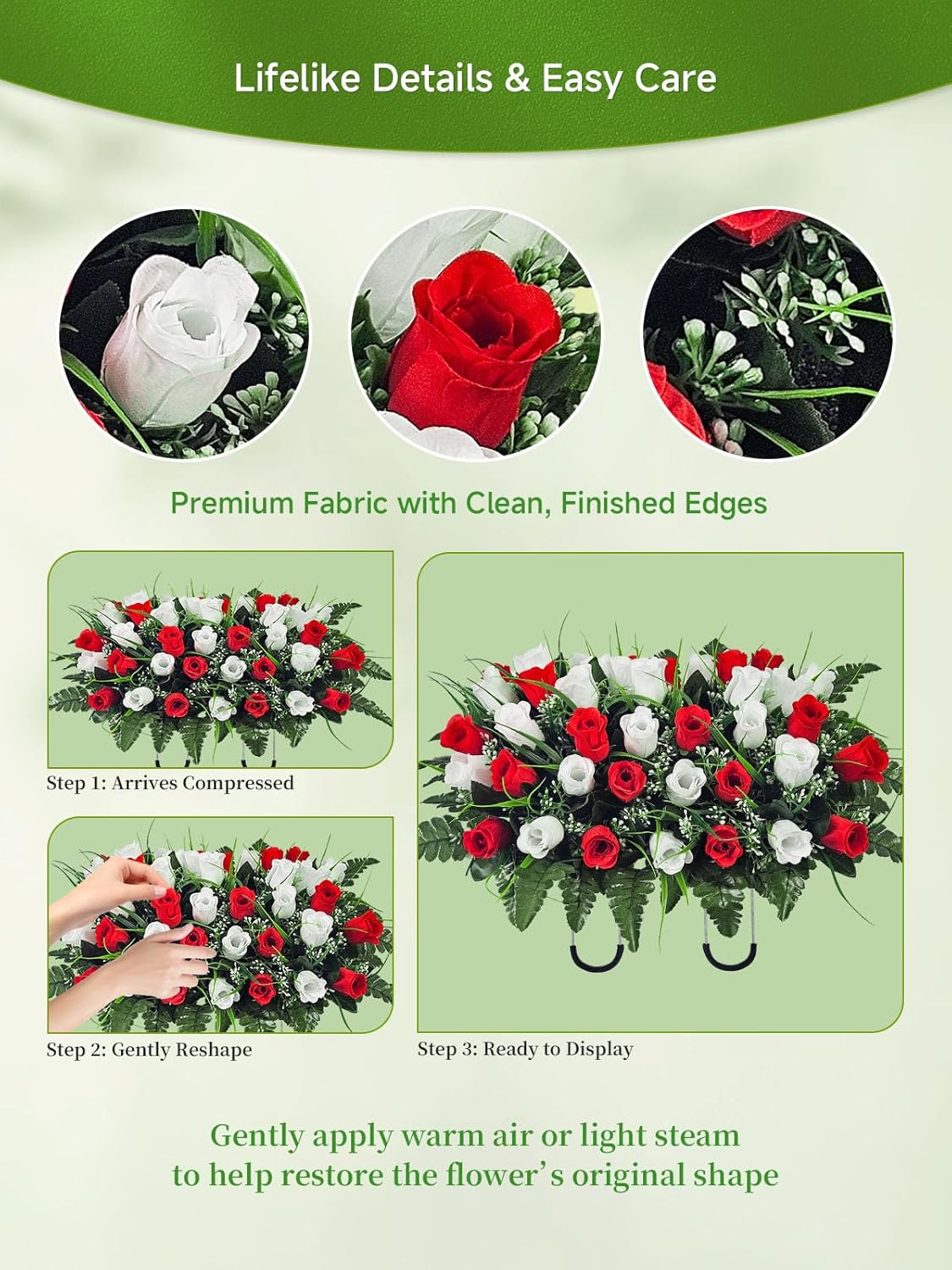 Headstone Flower Saddle, Large 42-Stem Red & White Artificial Cemetery Flowers for Grave, Windproof and Colorfast All-Weather Memorial Decorations for Tombstone with Adjustable Rubber Grip
