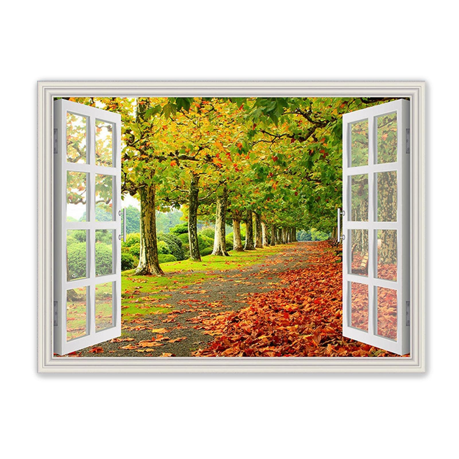 Open Window Canvas Wall Art-Fake Window View.Landscape Pictures-Autumn Scene Path Painting-Natural Print on Canvas-Scenery Artwork for Living Room Decor 70x100cm(28x33in)Frameless