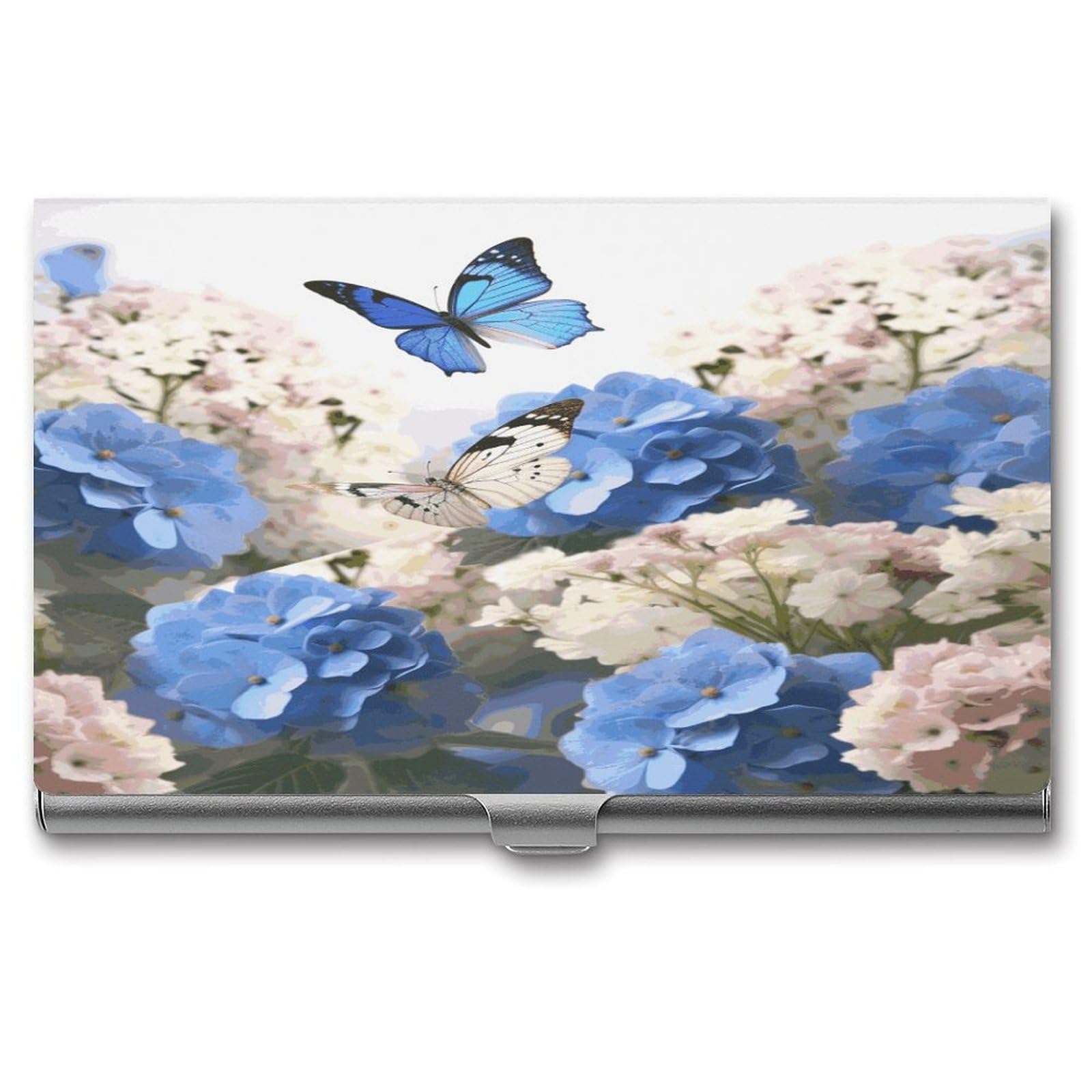 FekiLoot Hydrangeas Daisies Butterflies Business Card Holder for Men Women Metal Slim Organizer Business Card Carrier Wallet Name Cards Holder Retro Slim Pocket Purse Small Portable Card Case