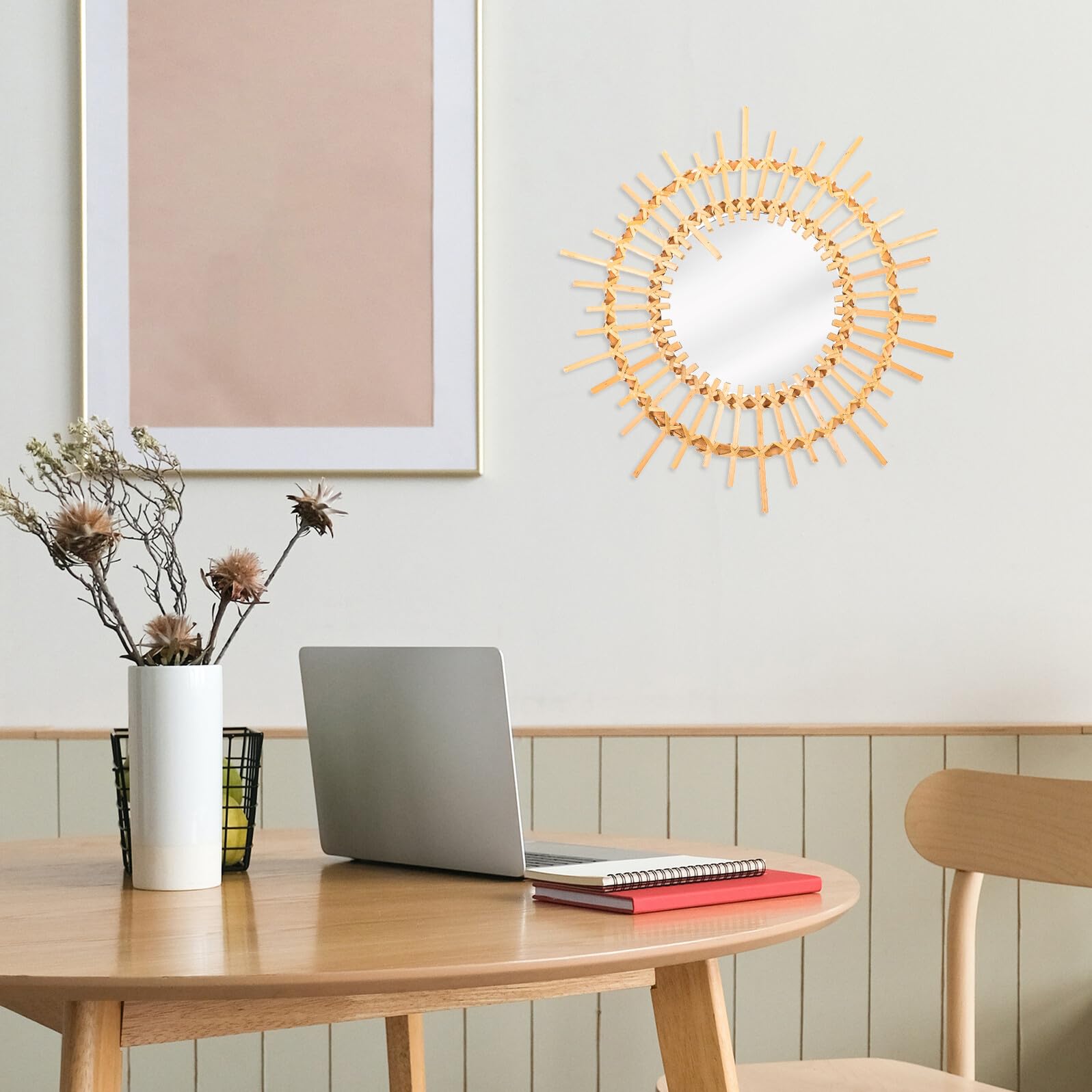 Runder Rattan Spiegel als Wanddekoration, Schminkspiegel, Gold