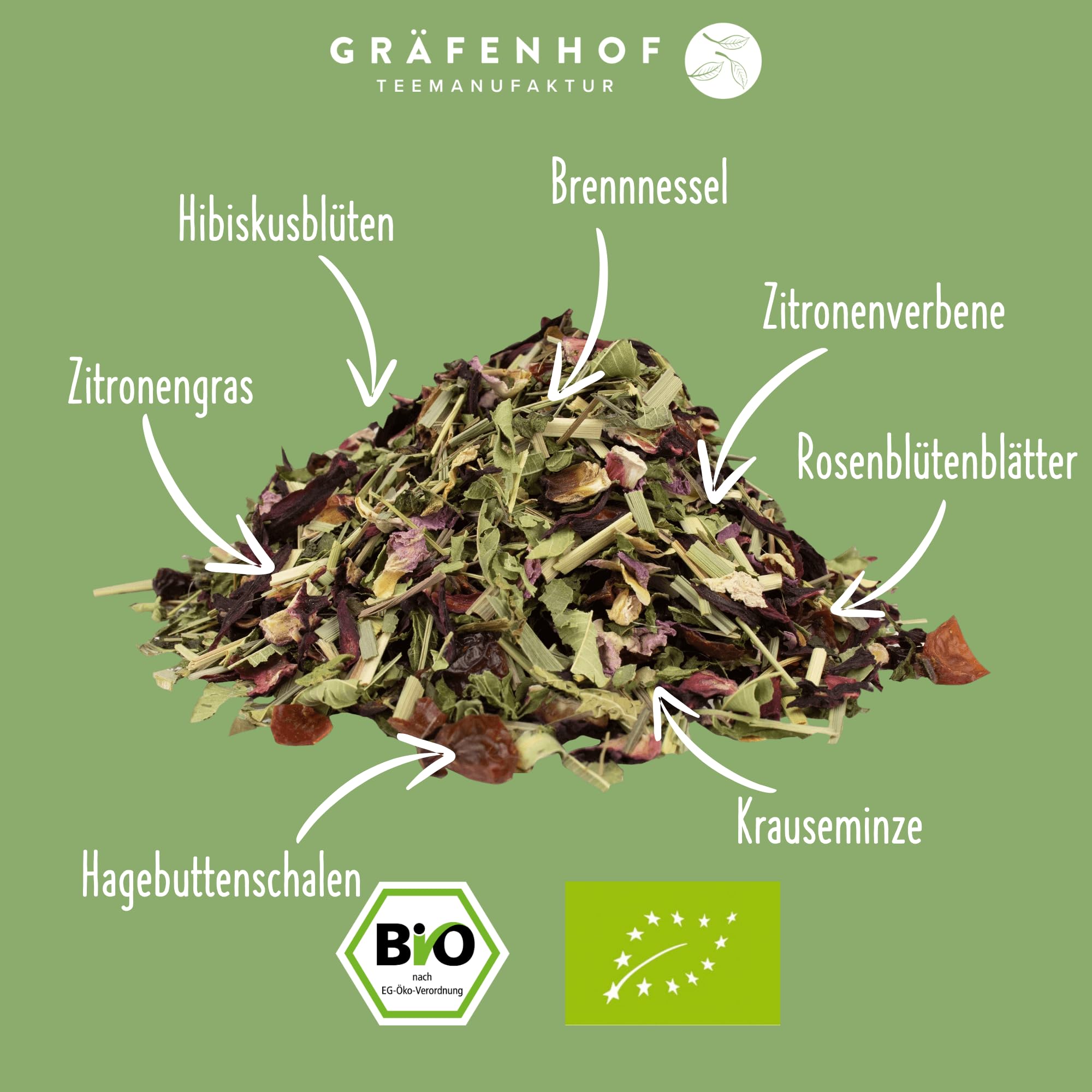 Gräfenhof 7 Sinneskräuter Bio Kräutertee, 1000g lose Kräuterteemischung mit Hibiskus, Zitronengras, Minze & Rosenblüten, fruchtig-frisch, koffeinfrei, Premium Qualität, in DE abgefüllt