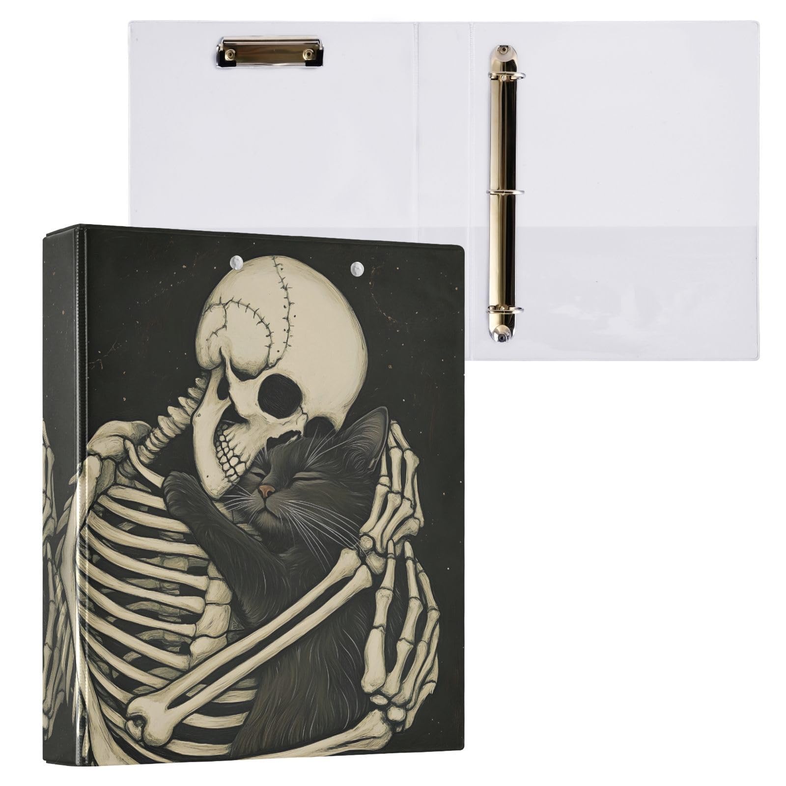 ALAZA 3 Ring Binder Skeleton Black Cat Kitten Clipboard Round Ring Binder Holds 1.5 Inch Three Binders Heavy Duty Binders for Office Supplies, 1Pack โ image 1