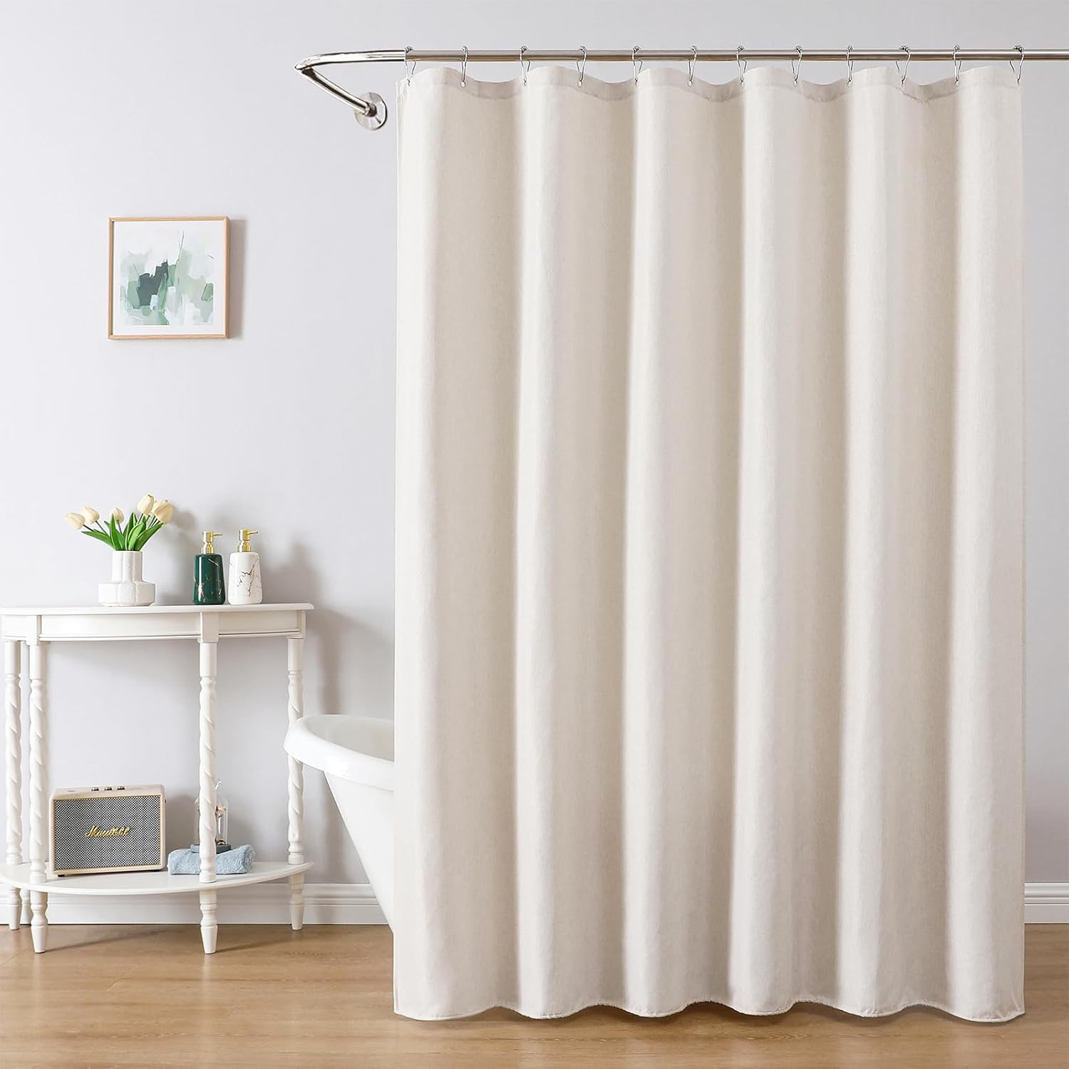 meioro Fabric Shower Curtain, Neutral Linen Textured Shower Curtain Set with 12 Hooks, Boho Farmhouse Bath Decor 230GSM Heavy Duty Polyester Cloth Shower Curtains for Bathroom, 72Wx78H, Beige/Cream