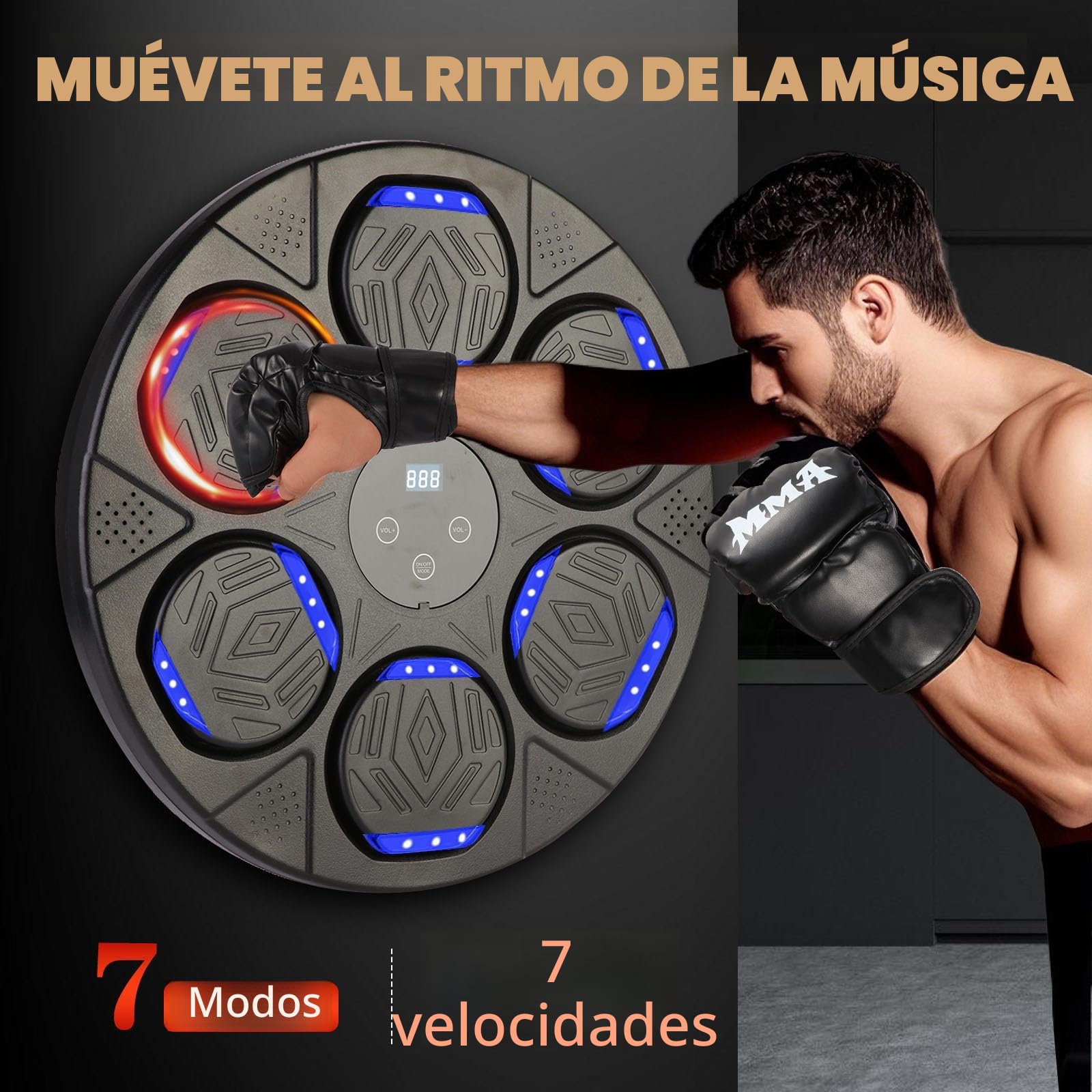 Máquina de Boxeo con Música, Máquina de Boxeo de Montaje en Pared, Entrenador de Boxeo Inteligente Bluetooth con Luz LED, 7 Modos de Velocidad, Guantes de Boxeo para Adultos y Niños para