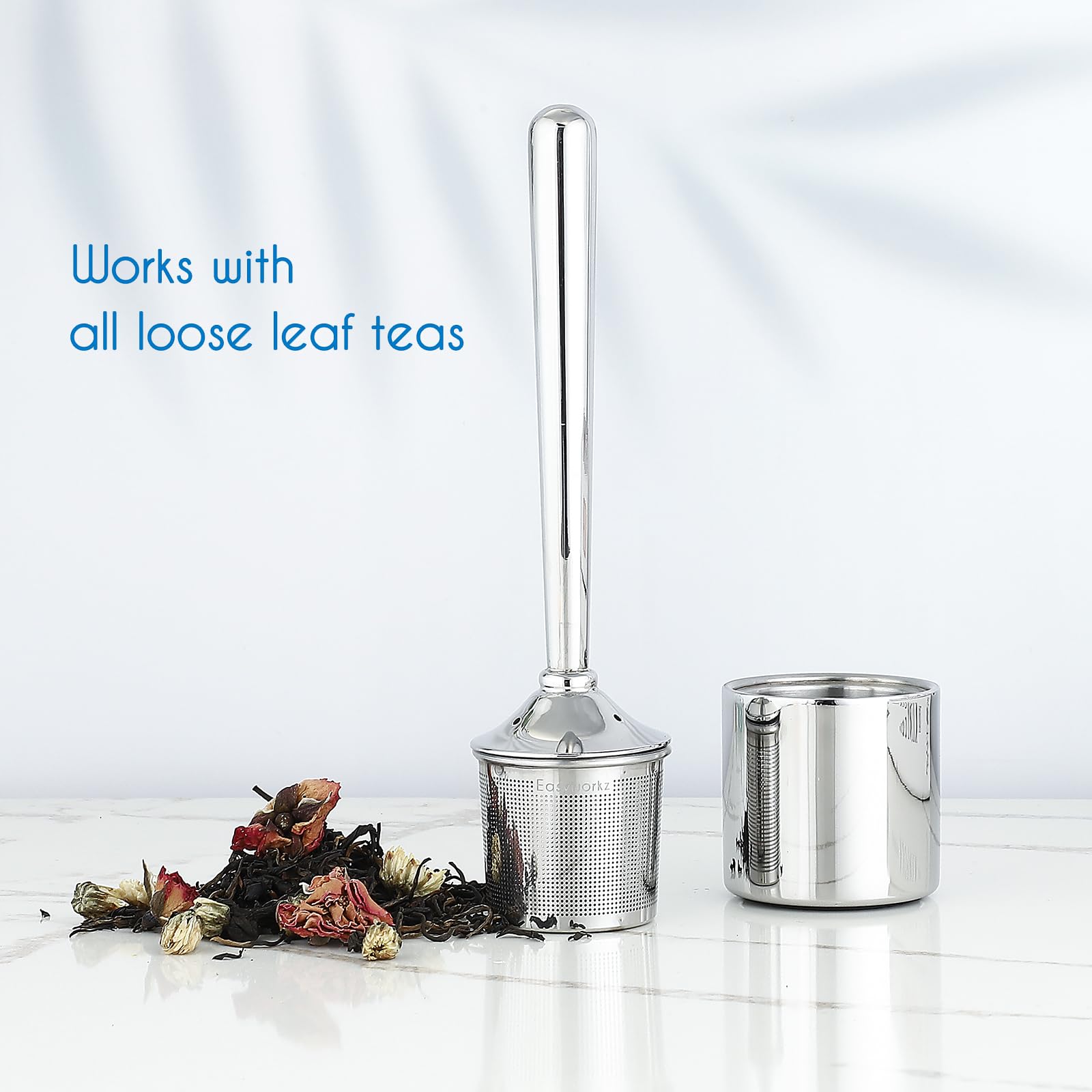 Easyworkz Infusore per tè in acciaio inox con manico cavo resistente al calore, colino a rete fine con supporto per foglie sciolte, finitura cromata