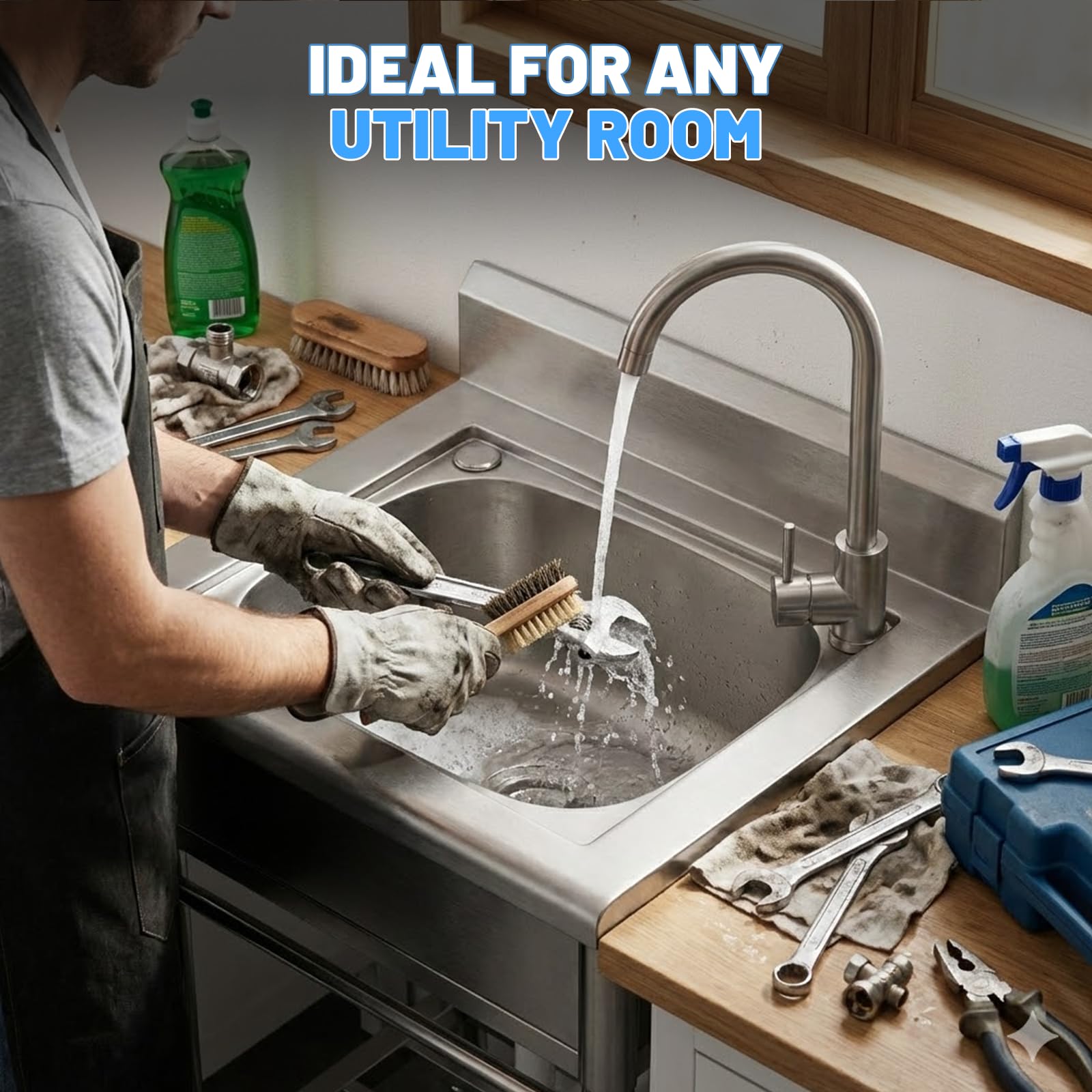 Lavello da cucina autoportante a vasca singola con tubo dell'acqua fredda e calda, in acciaio inox, per lavanderia, bagno, fattoria