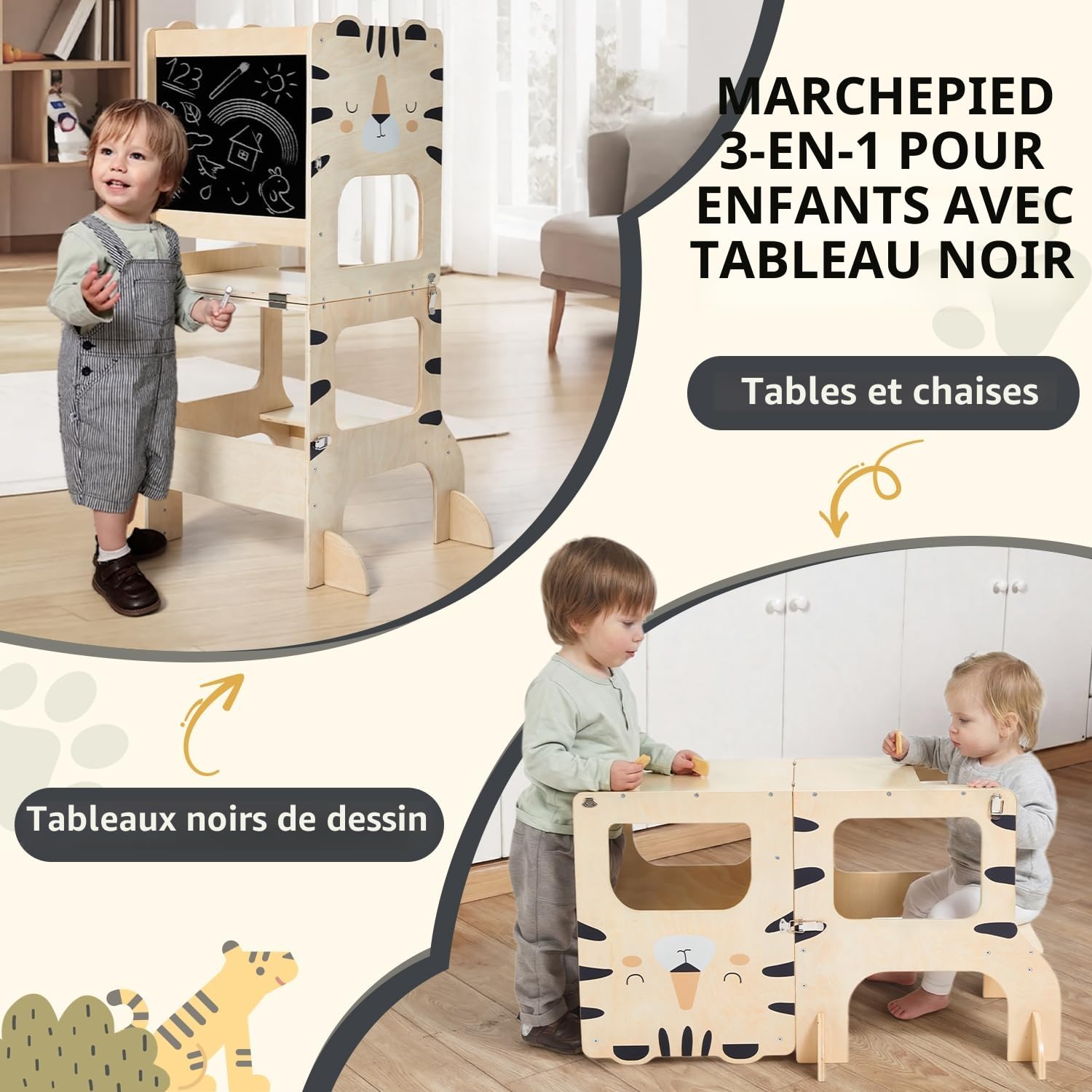 Labebe Tour d'Observation Enfant Pliable Montessori Learning Tower 3 en 1 avec Tableau à Dessin - Tigre