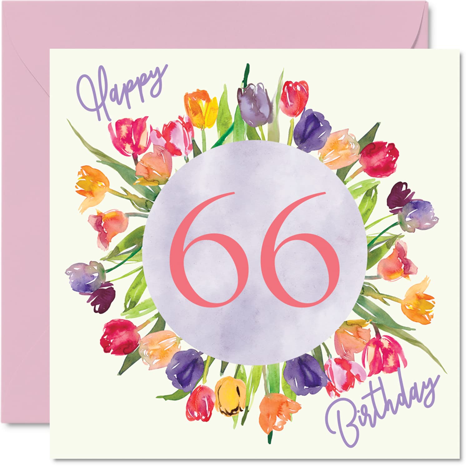 Beautiful 66th Birthday Cards for Women, Watercolour Tulips Flowers Bouquet - 145mm