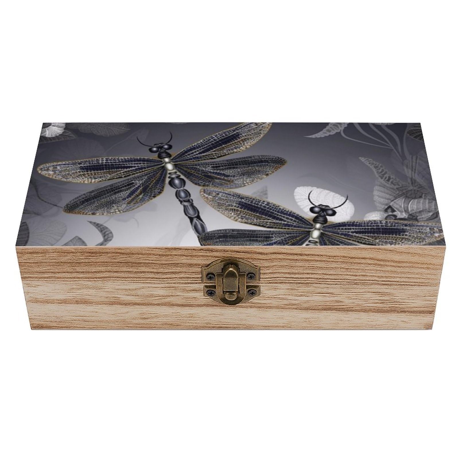 HLBSDM Dragonflies Grey Memory Jewelry Wooden Box, Large Wooden Treasure Chest Boxes with Hinged Lid, Photos Storage Case for Women Men, Wooden Keepsake Box, 7.9'' X 3.9'' X2.3''