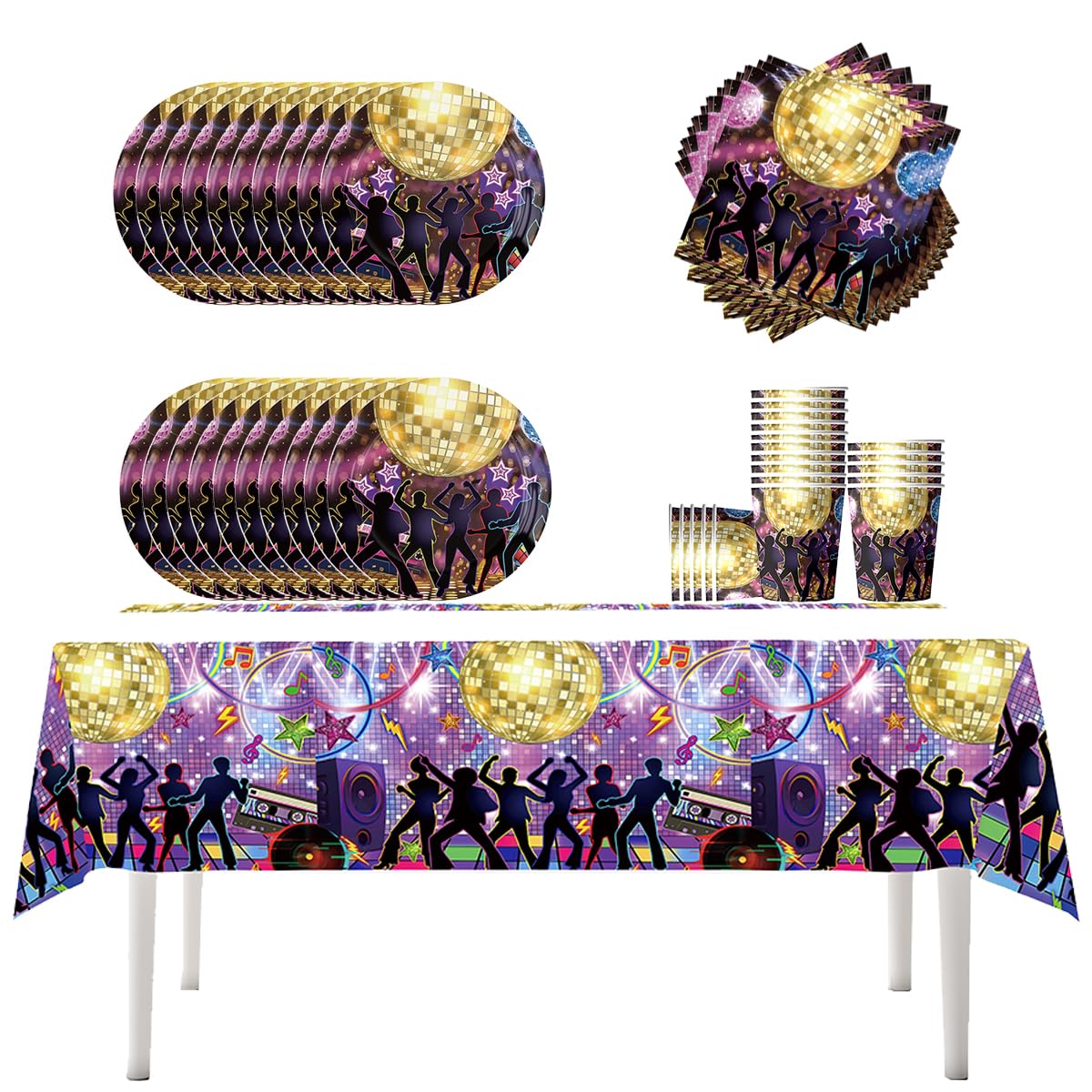 Fuwraixis Disco party tableware, 61 piece Retro Music birthday decoration cutlery, 70s 80s 90s party supplies set, Includes paper cups, plates, napkins and tablecloths — image 1