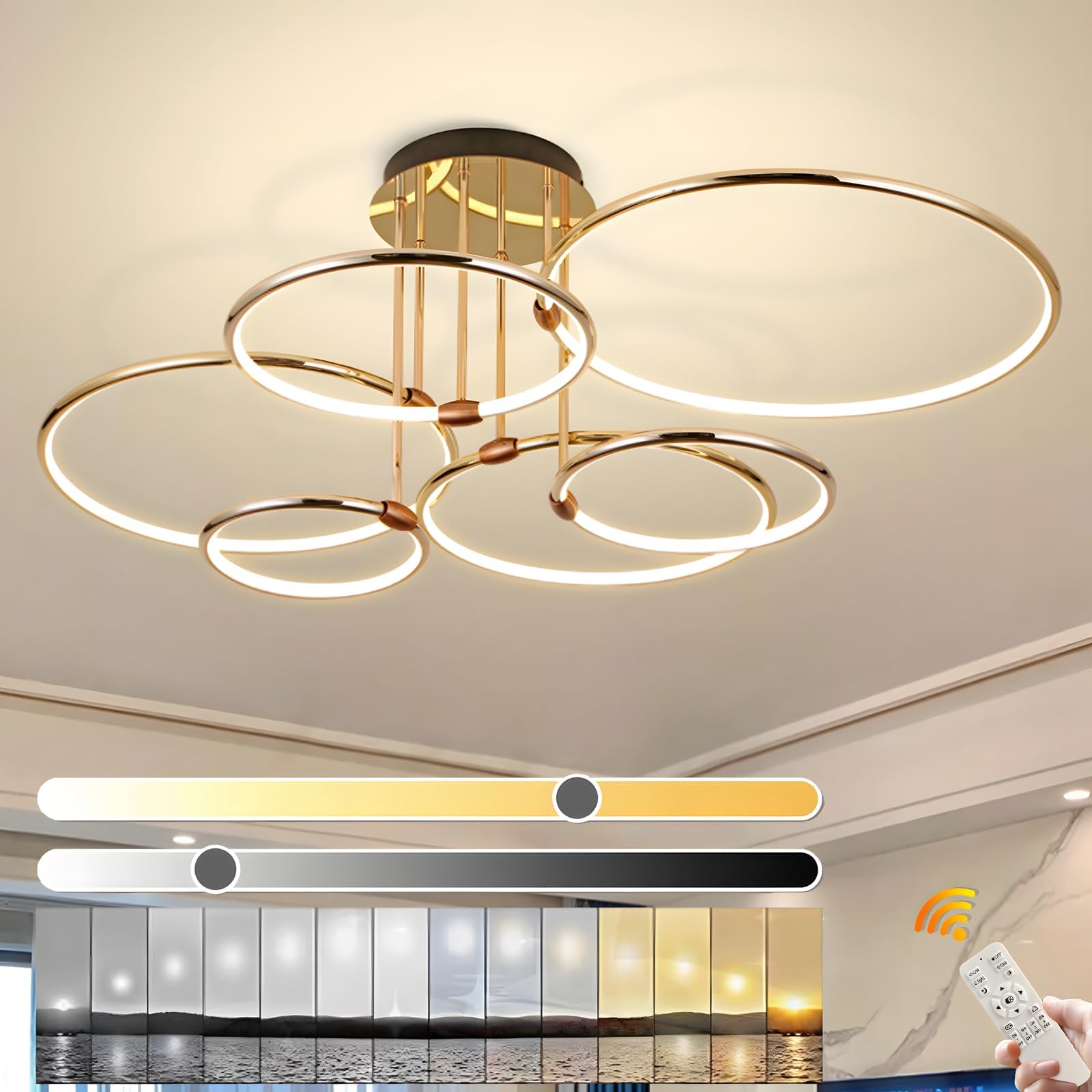 LED Plafoniera, Ø105cm Lampadario Cerchio In Metallo Dorato, 145W Dimmerabile Continuo 3000-6000K, Lampadario Rotondo Moderno In Placca Camera Letto Soggiorno Bambini Ufficio Studio (6 Anelli)