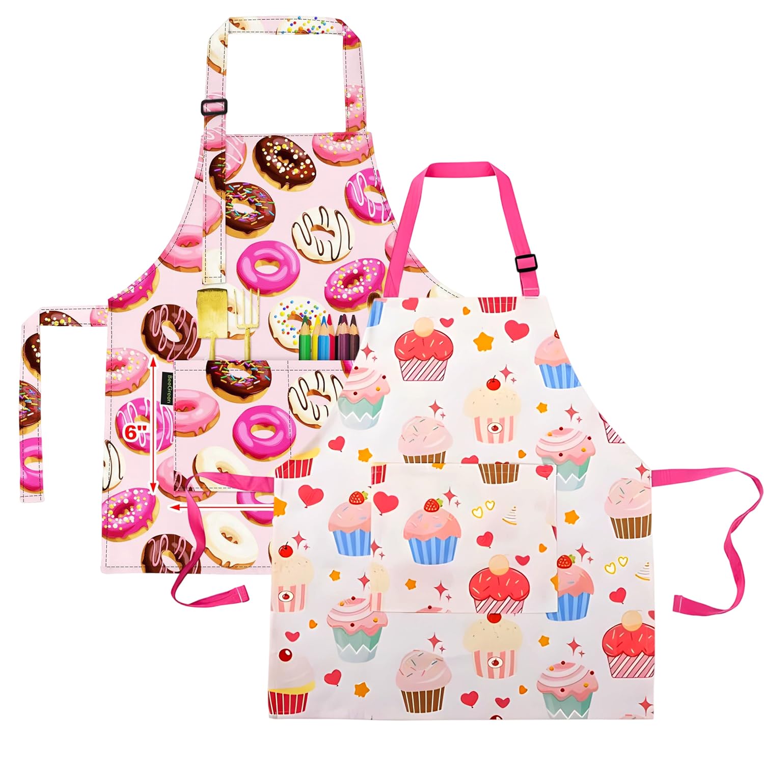 MOTIBACK 2Pcs Kids Aprons for Cooking Adjustable Children's Waterproof Play Aprons, Pink Donut & Cake Design