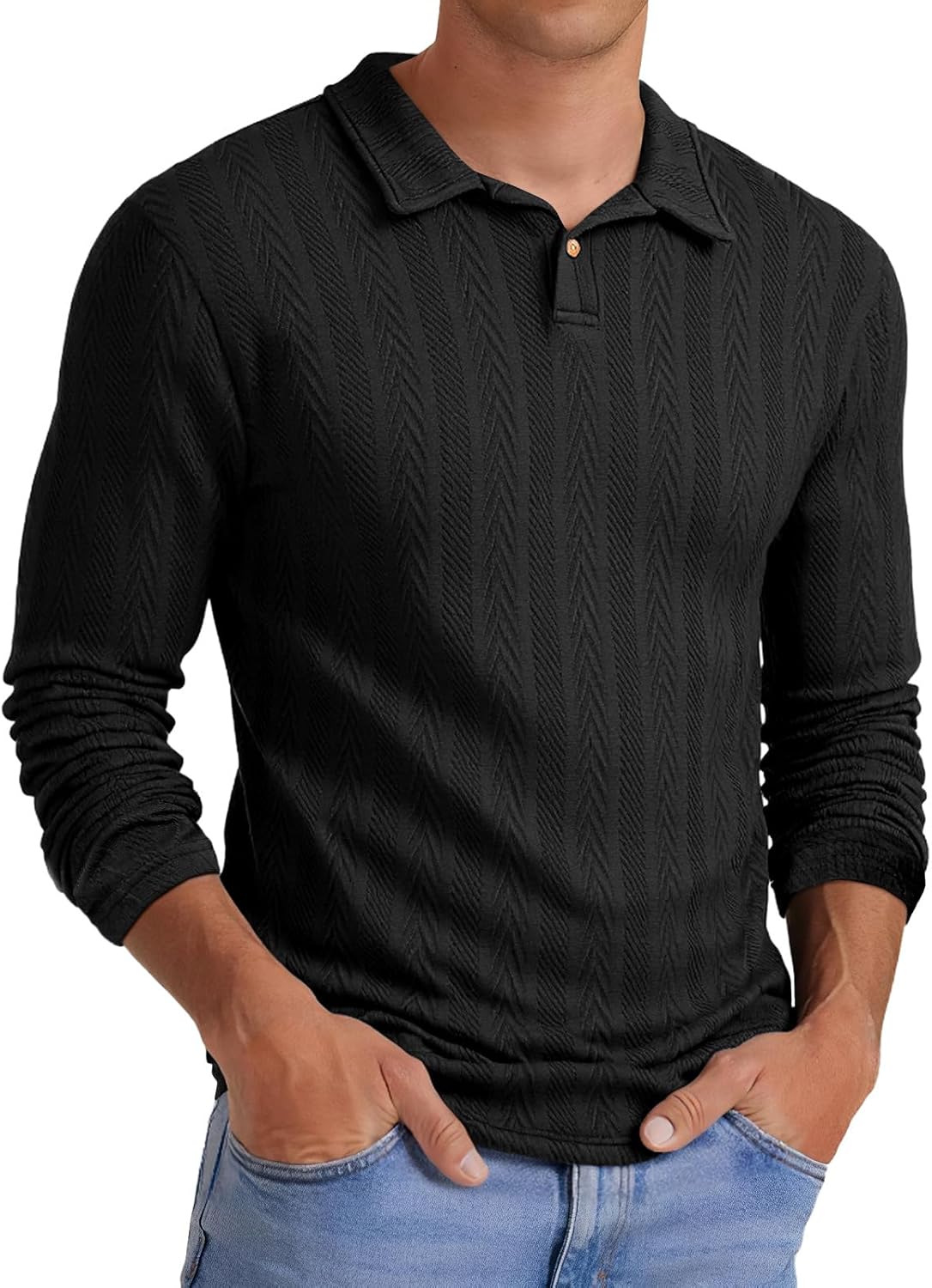Aulemen Mens Knit Polo Shirts Long Sleeve Casual Textured Golf Polo Shirts Dress Collared Sweater Pullover
