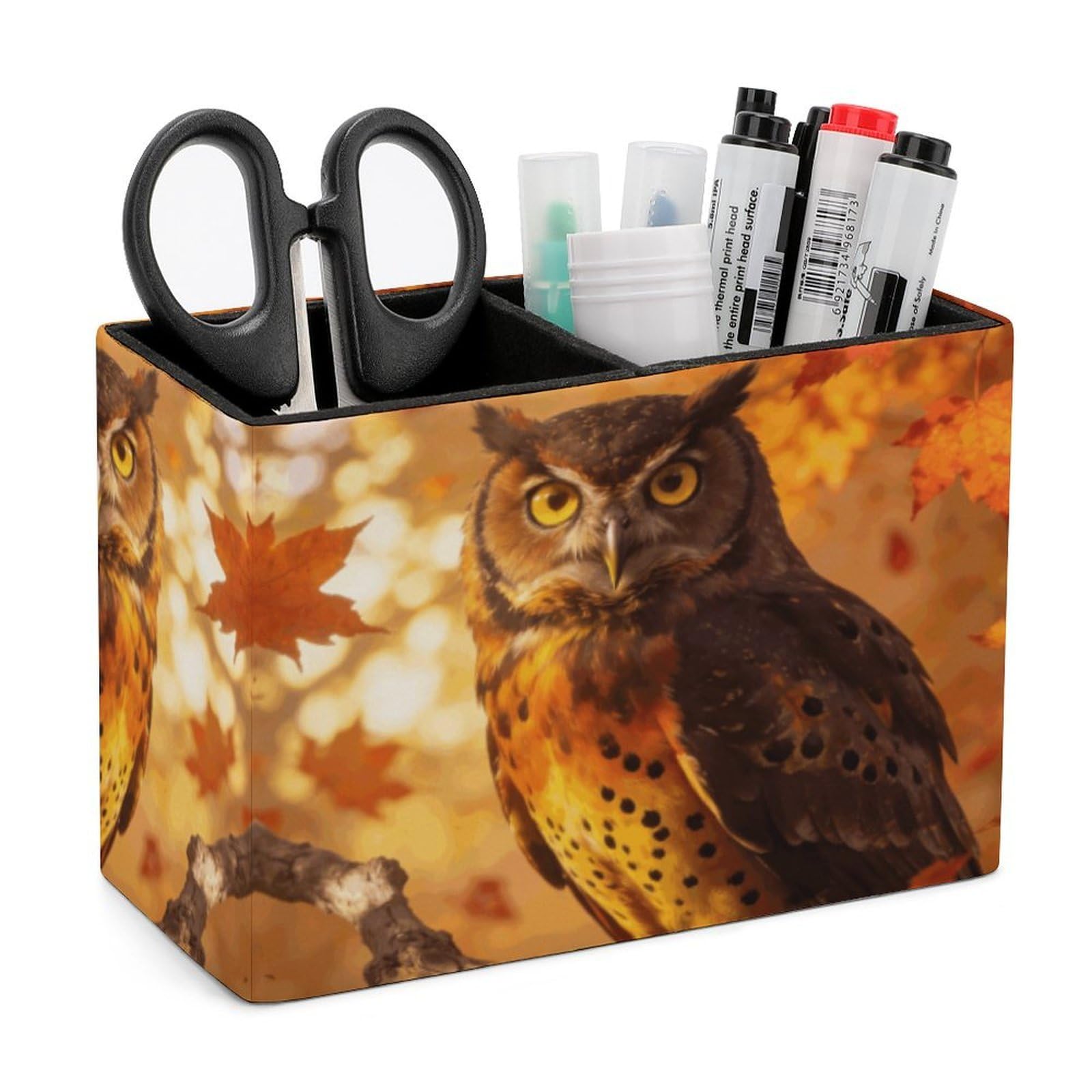 LZQPOEAS Exquisite Patterns PU Leather Pen Holder, Multifunctional Desktop Organizer Caddy with 2 Compartments, Fall Owl Pencil Cup Makeup Brush Holder for Office Home