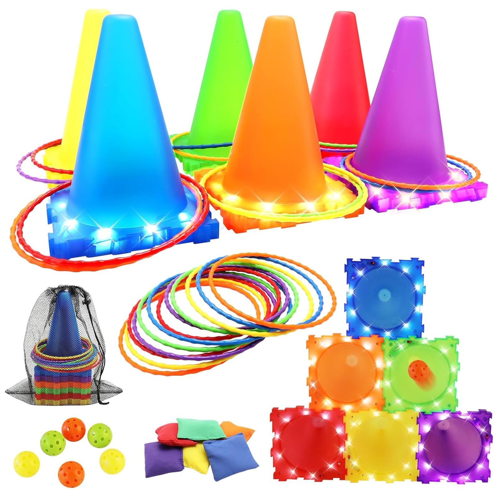 4-in-1 Carnival Games for Kids with LED Lights,31Pcs Outdoor Toys for Toddlers-Ring Toss Game,Bean Bag Toss Game,Soft Plastic Cones,Multiple Throwing Target Models,Outdoor Garden Carnival Party Games