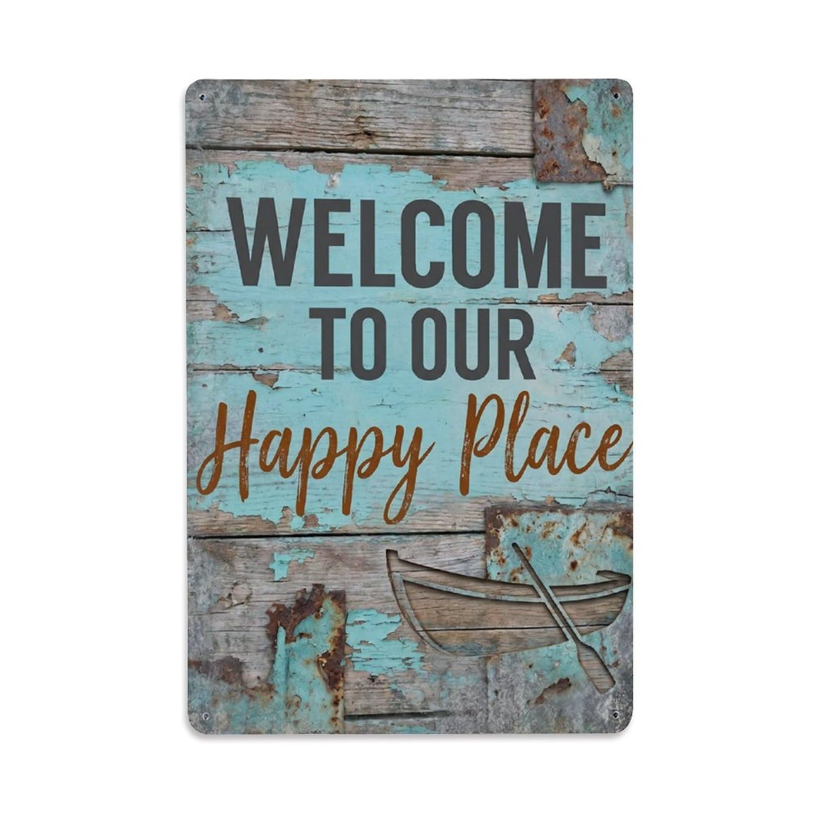 Welcome To Our Happy Place Riverside Dock Metal Tin Sign Plaque Wall Decor for Cafe, Club Bar, Office, Home Garden Metal Poster 8x12Inch