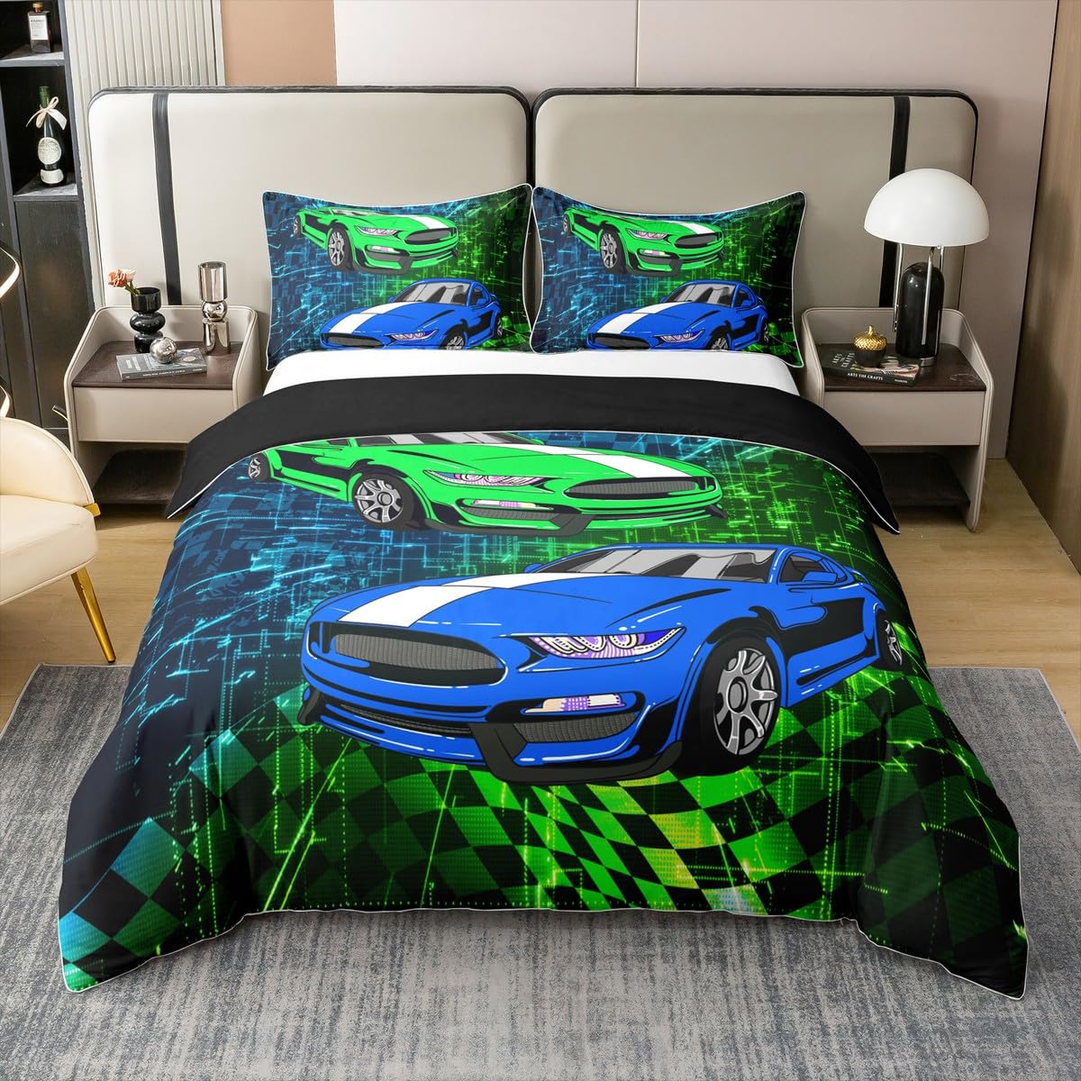 feelingyou 3 Pieces Kids Racing Game Cotton Duvet Cover Sets(NO Comforter),Cool Race Car Comforter Cover for Kids Adults Bedroom Decor,Neon 3D Bedding Set,Cartoon Car Game Quilt Cover,Super King Size