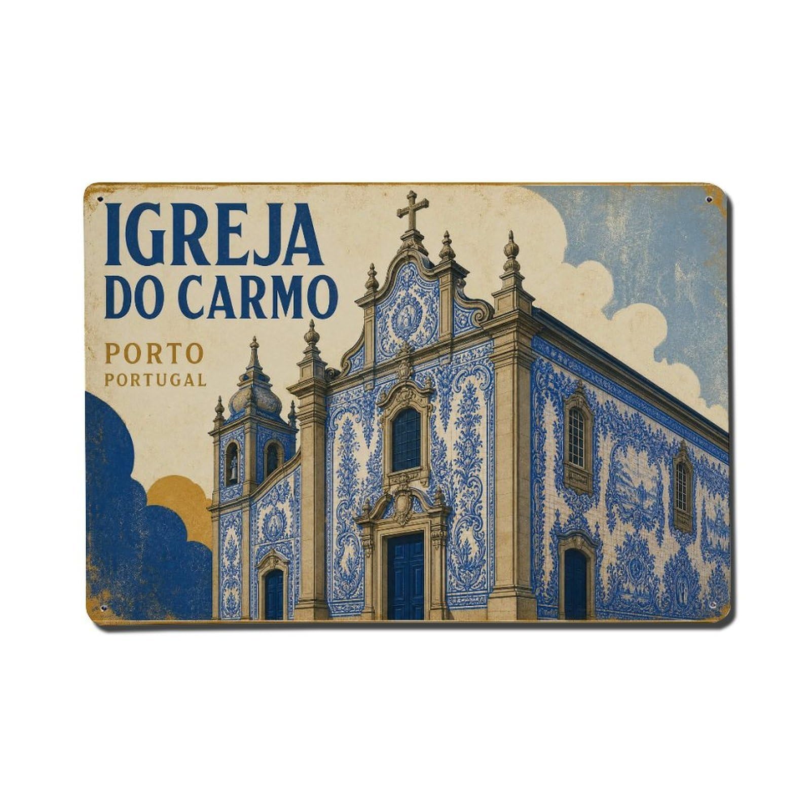 Yrnq 08X12inch Vintage Style Vintage Igreja Carmo Blue Tile Facade Portugal Metal Tin Sign