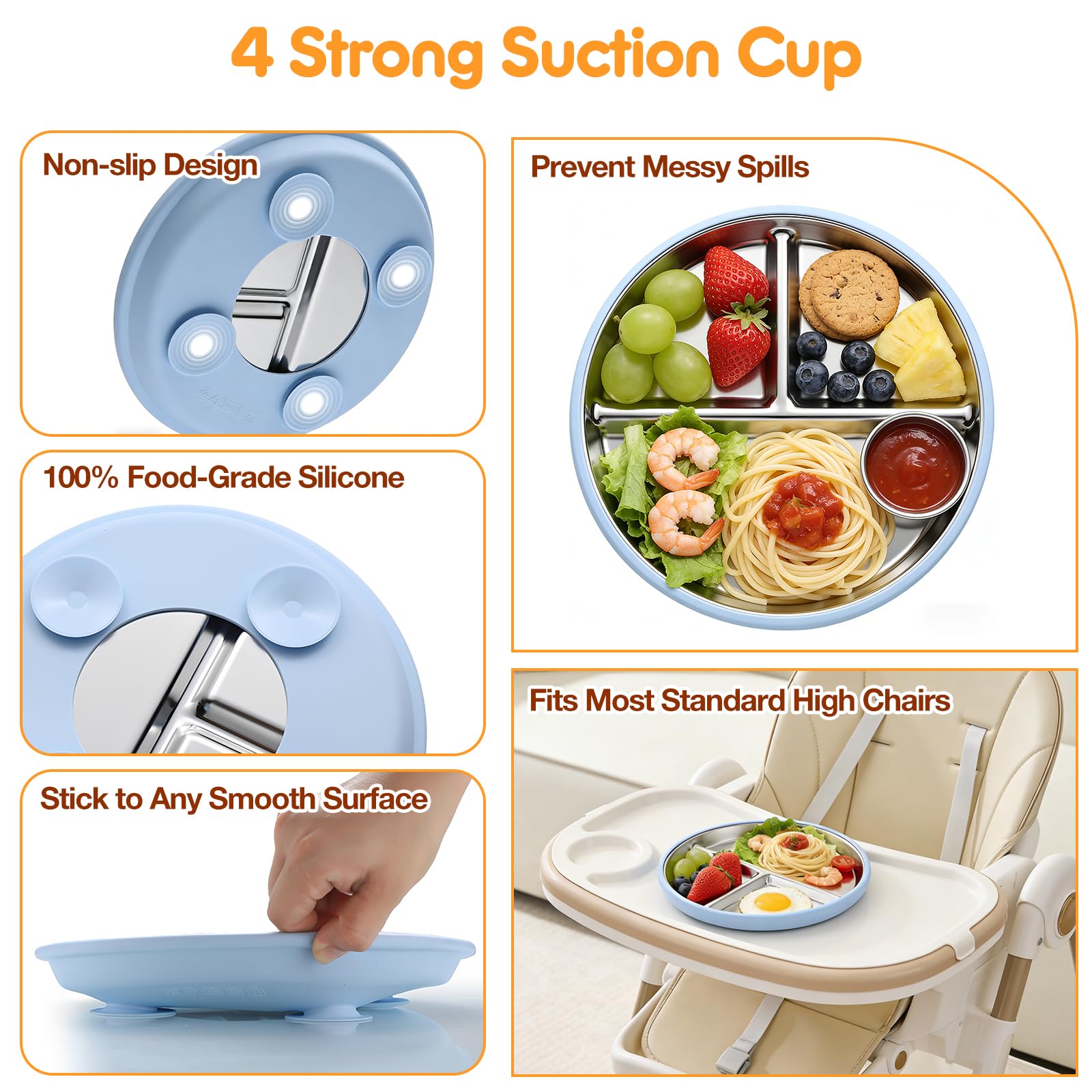 2 Assiettes En Acier Inoxydable Avec Ventouse Pour Bébé Et Set De 2 Cuillères Et Fourchettes, Ustensiles Pour Bébé, Assiettes Divisées Pour L'Alimentation Autonome