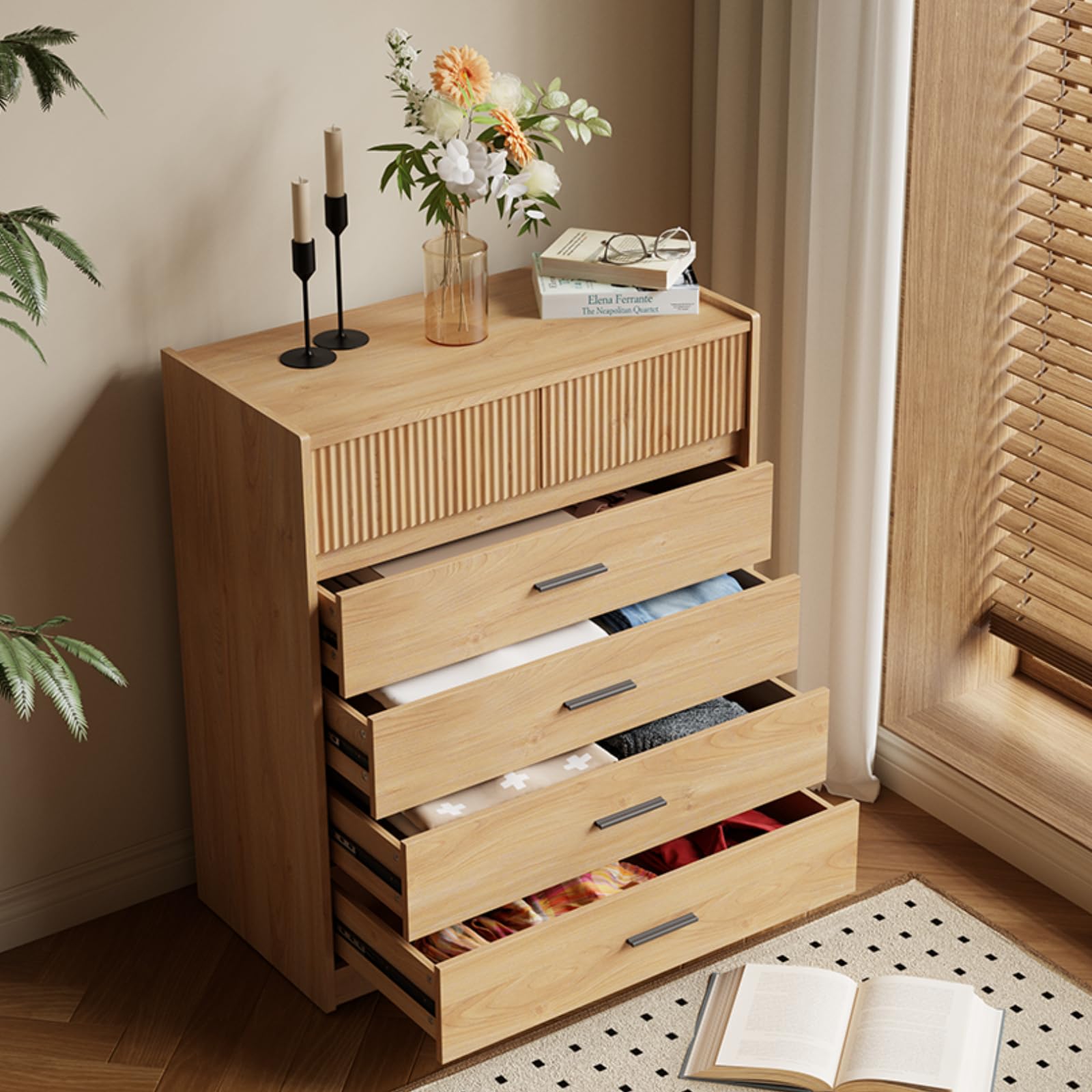 DG1 Cómoda con 6 Cajones, Blanco y Roble, 74x40x90 cm, Tablero de Partículas con Certificación FSC, Diseño Moderno Compacto (Madera Natural)