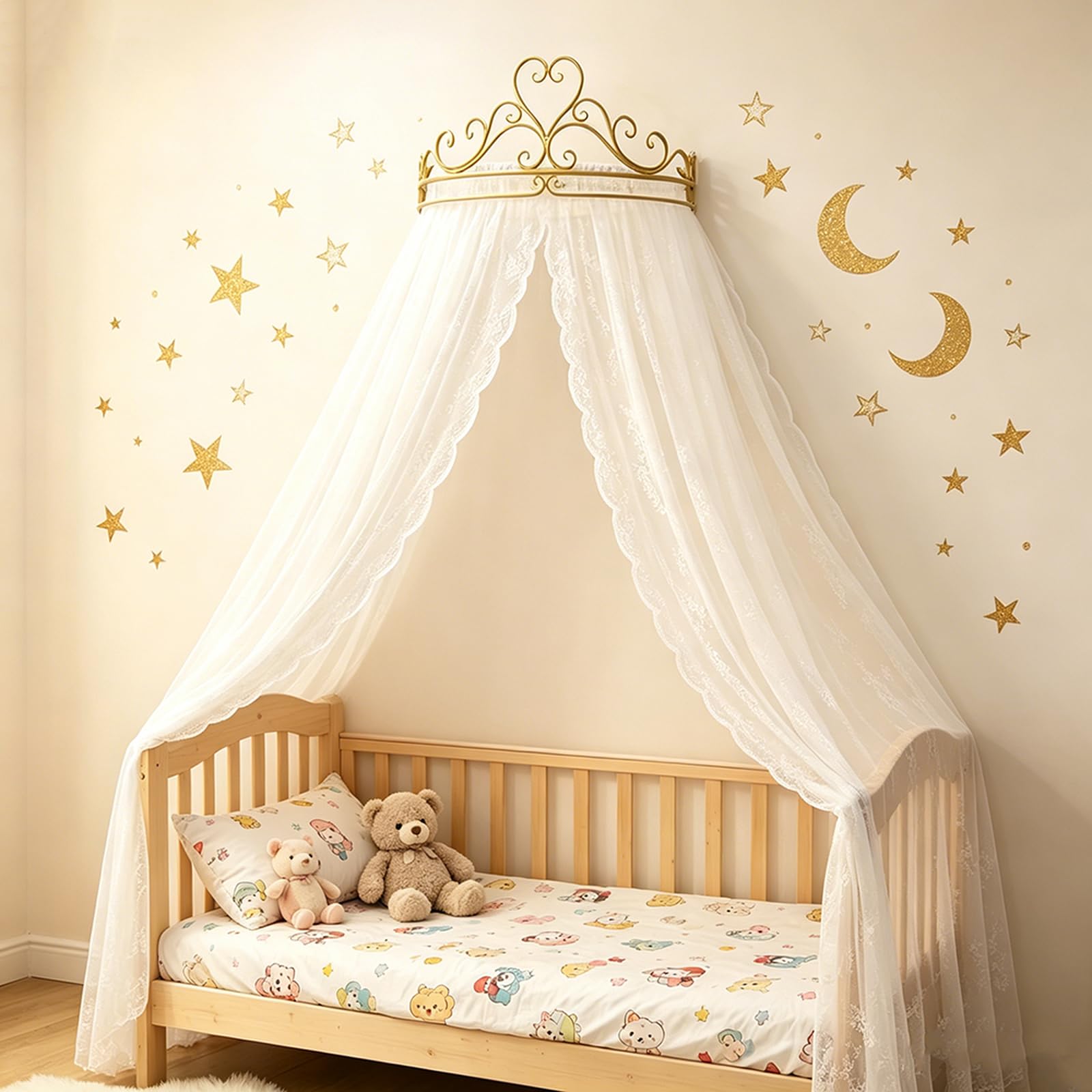 Baldaquin de Lit avec Couronne pour Chambre de Petite Fille, Rideau de Lit de Princesse Voile Transparent et Dentelle Moustiquaire pour Lit Simple à Lit King Size, White