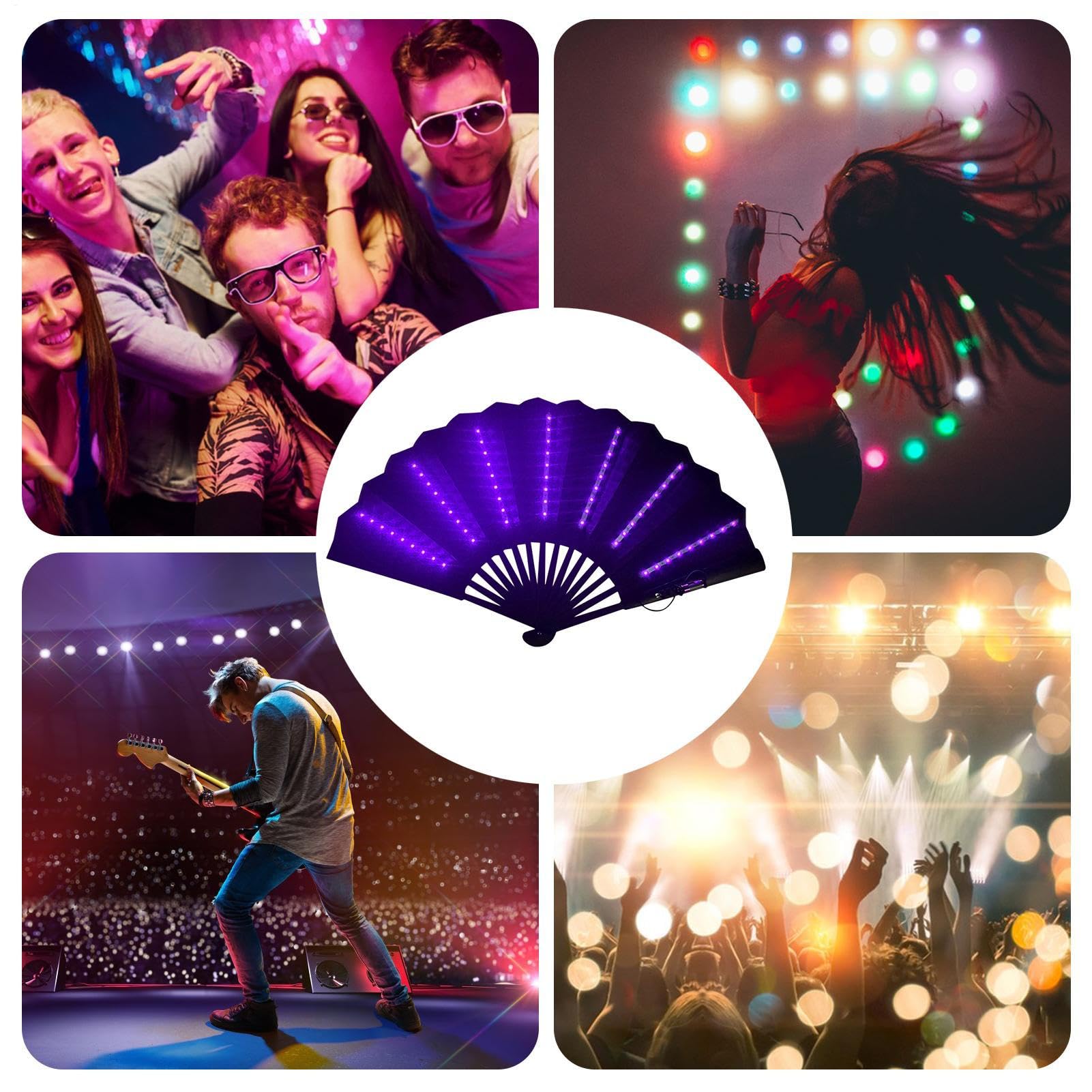Ventilador de mano plegable LED, ventilador chino portátil con luz, ventiladores iluminados a pilas para festivales, escenarios, bailes, discotecas, carnavales, accesorios (morado)