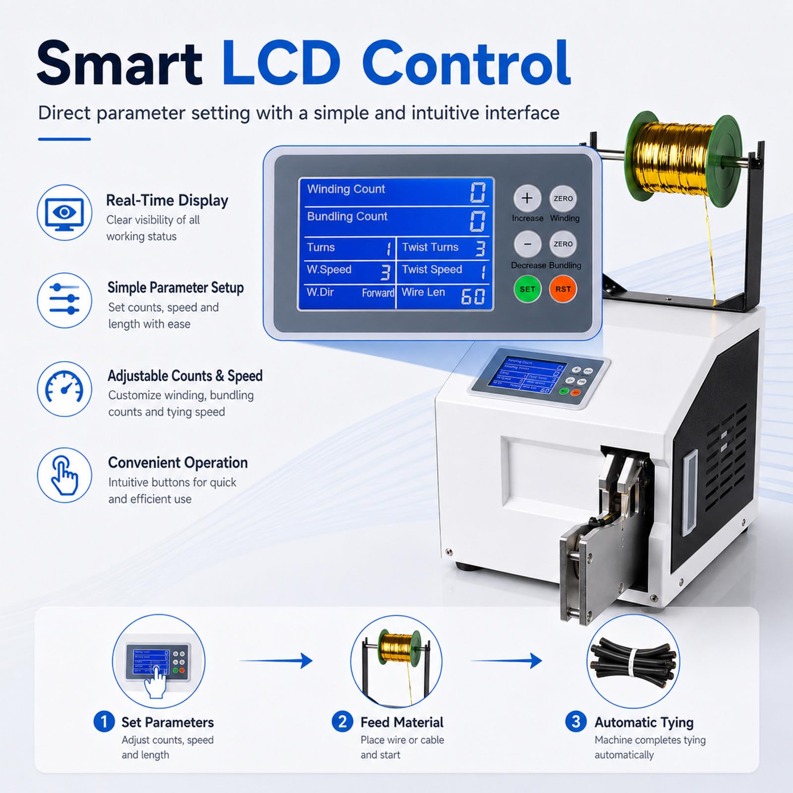 Macchina automatica Twister con filo piatto da 300 m e filo rotondo da 1000 m, strumento di imballaggio pronto all'uso e rack per un'installazione efficiente della postazione di lavoro