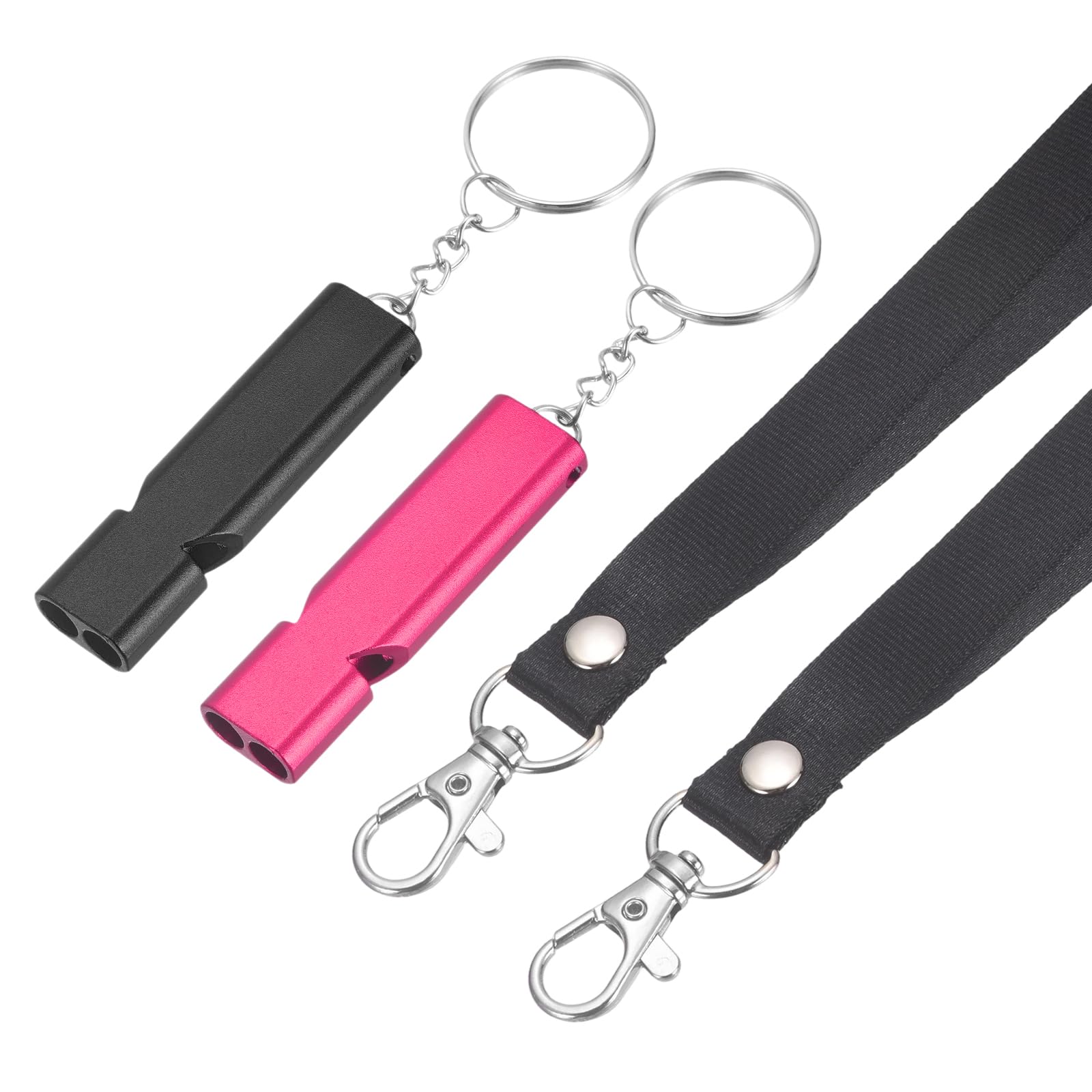 YELARXI Emergency Whistle, Aluminum Survival Whistles with Lanyard and Keychain Loud Safety Rescue Signaling, 2 Pcs & Black/Rose Red- Fitting for (Outdoor Camping/Hiking/Sports Game)