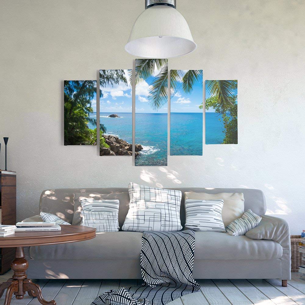 Feeby Tableau Mural 5 Pièces Paysage Herbe Plage 200x100 Cm - Décoration Moderne Photo Sur Toile