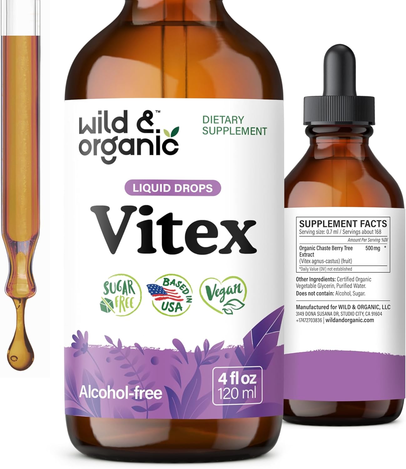 Wild & Organic Vitex Tincture - Mood & Perimenopause Support - Vitex Chasteberry Supplement for Women - Liquid Chaste Tree Berry Extract - Vegan, Sugar & Alcohol-Free Herb Drops - 4 fl oz