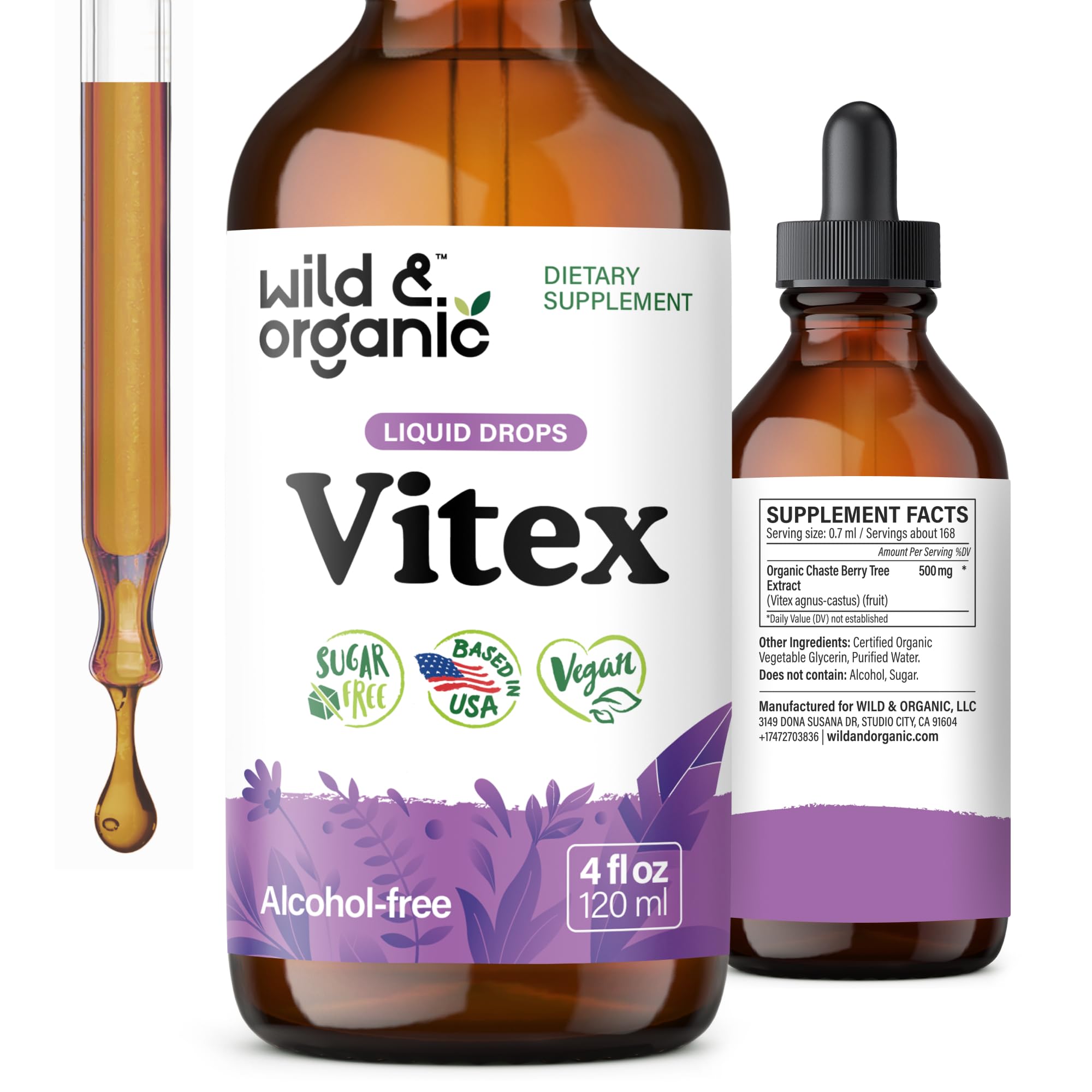 Wild & Organic Vitex Tincture - Mood & Perimenopause Support - Vitex Chasteberry Supplement for Women - Liquid Chaste Tree Berry Extract - Vegan, Sugar & Alcohol-Free Herb Drops - 4 fl oz