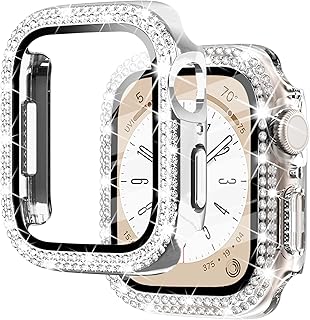 NewWays 2-Pack for Apple Watch Bling Cases Screen Protector 45mm Series 7 8 9, Bling Crystal Diamonds Rhinestone Bumper Hard PC Thin Protective Cover for iWatch, Silver/Clear