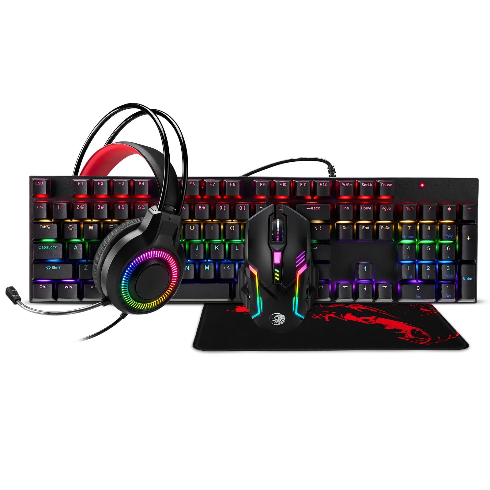 Teclado mecánico para juegos, mouse y alfombrilla de mouse y auriculares para juegos, paquete de retroiluminación LED RGB con cable para jugadores de PC y usuarios de Xbox y PS4, edición 4 en 1
