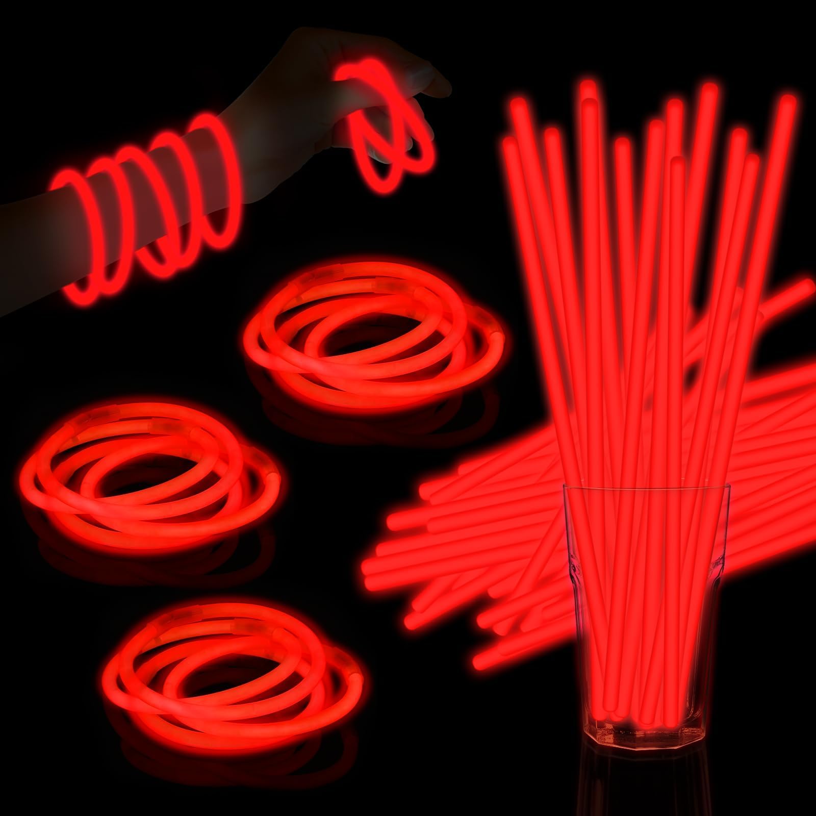 Taikula 60 Pack 8” Red Glow Sticks Bulk with 60 Connectors Neon Glow In The Dark Party favors Supplies for Holiday Birthday Party Decoration (Red)