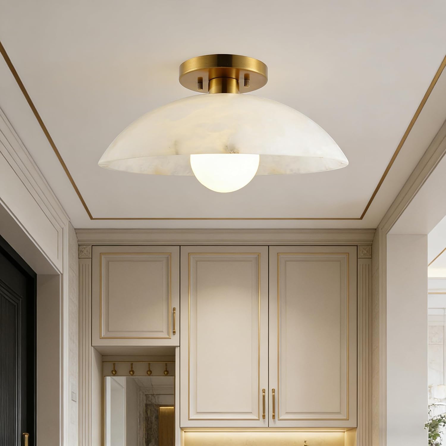 15.7" Gold Alabaster Flush Mount Light, Mid Century Modern Marble Ceiling Fixture for Kitchen Dining Room, E26 Base