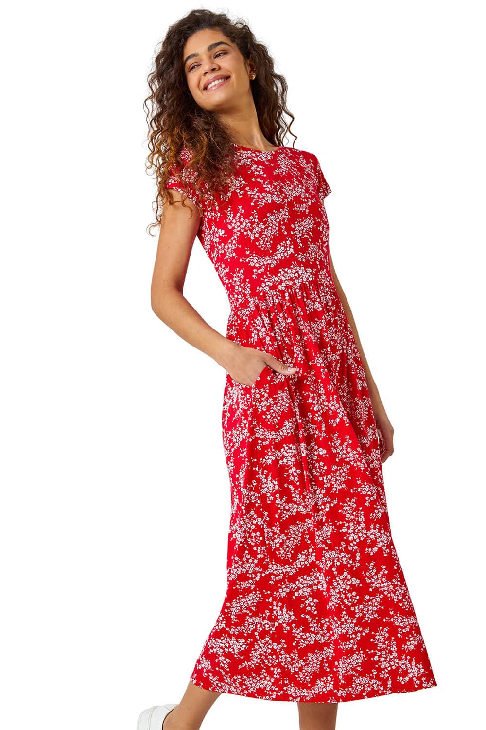 Roman Originals Women's Red Ivory Midi Dress With Pockets For Uk Stretchy Jersey Maxi Long Short Sleeve Elasticated Gathered High Waist Boho Flattering Skater Swing Fit Flare - Size 20