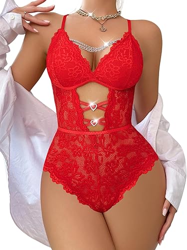 Avidlove Lencería para mujer sexy de encaje con cadena en V, lencería de peluche con diamantes de imitación recortada de una pieza babydoll camisón